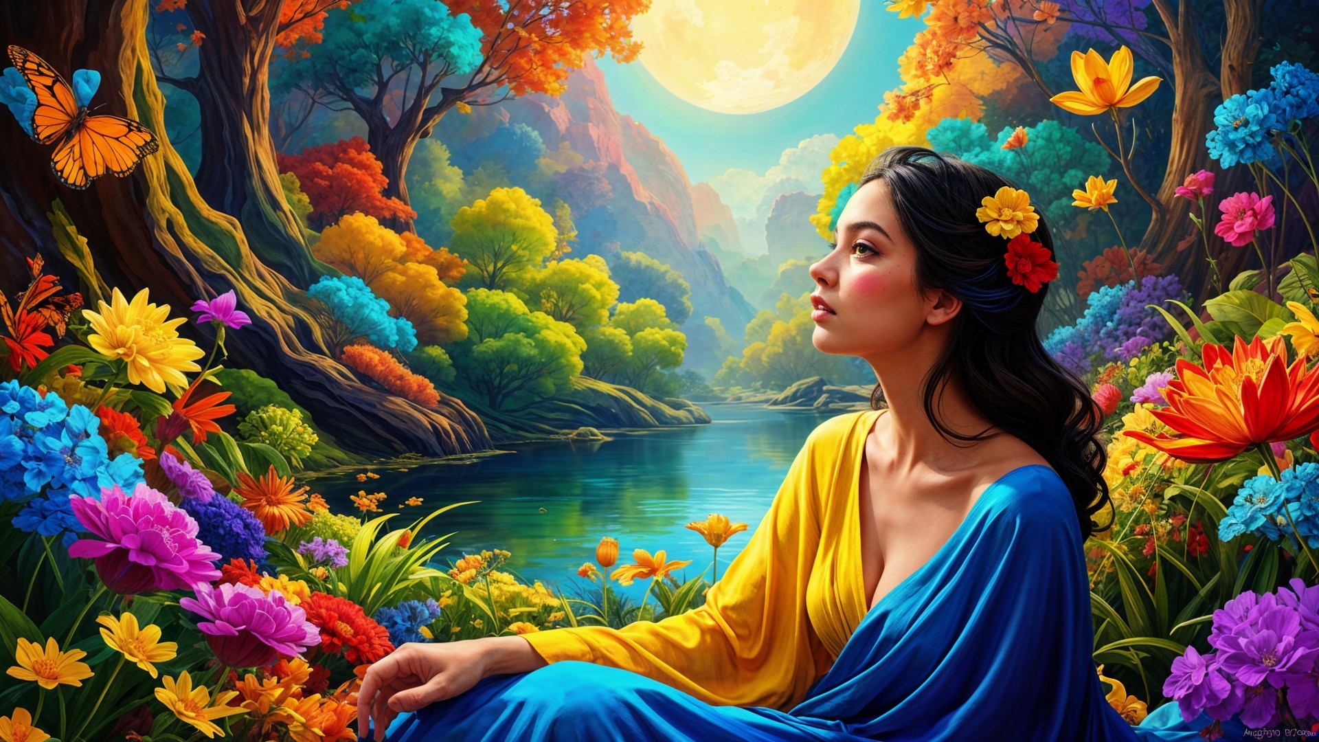 Serene Woman by Vibrant River with Colorful Nature