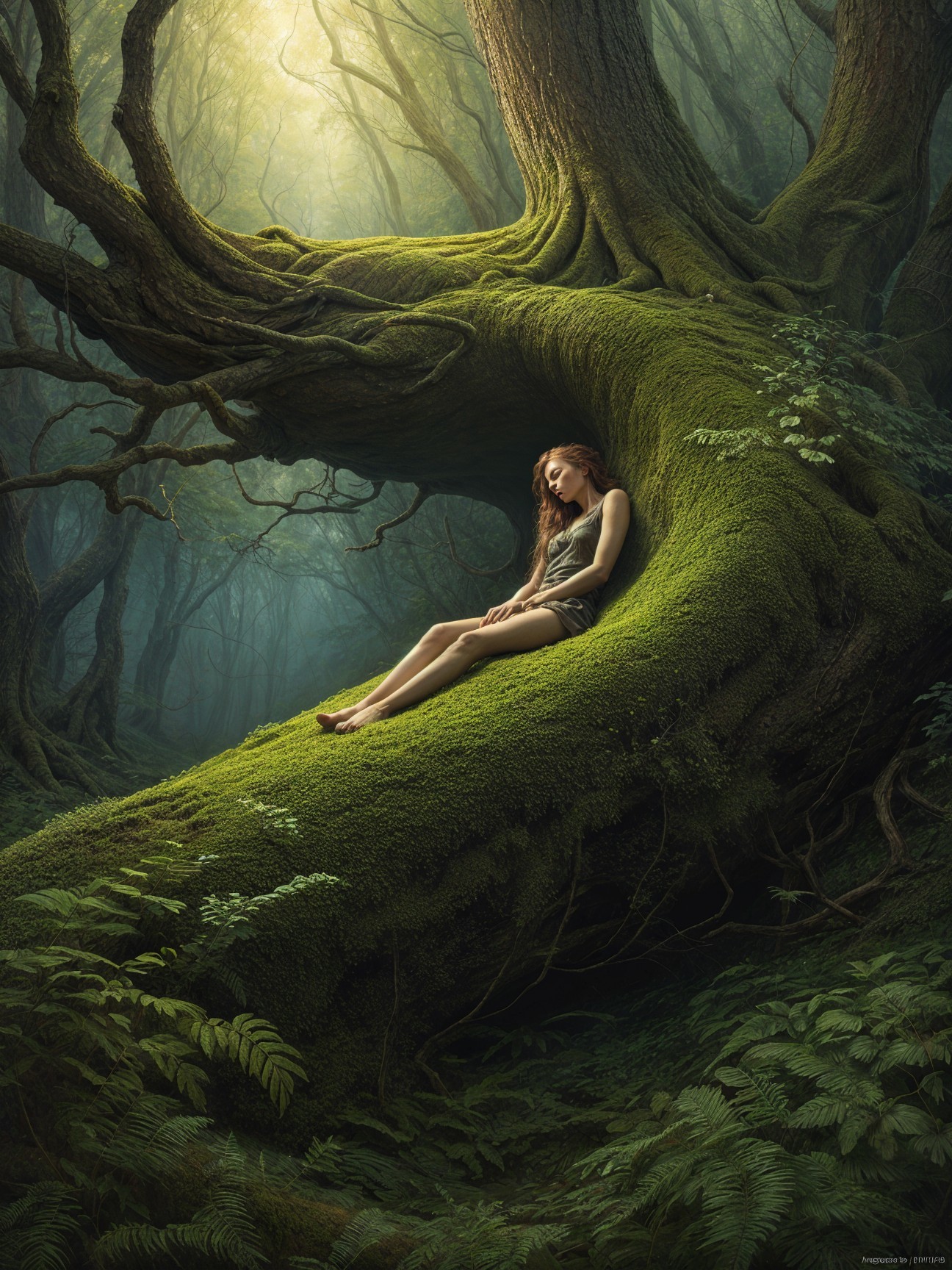 Serene Young Woman in Enchanted Forest Setting