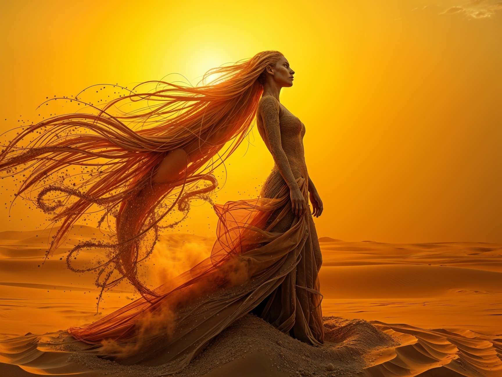 Silhouette of Woman Against Orange Sunset in Desert