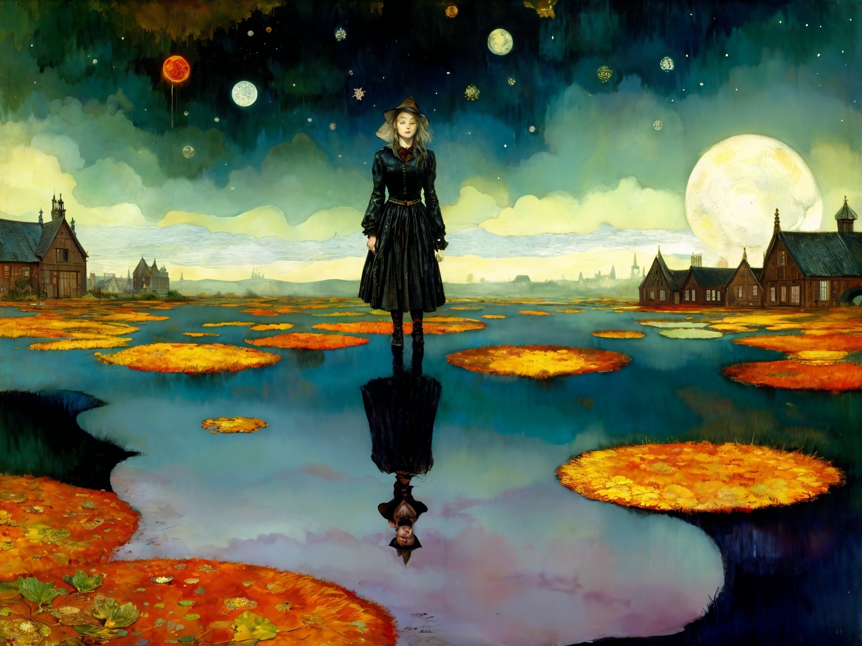 Mysterious Figure on Calm Waters with Celestial Background