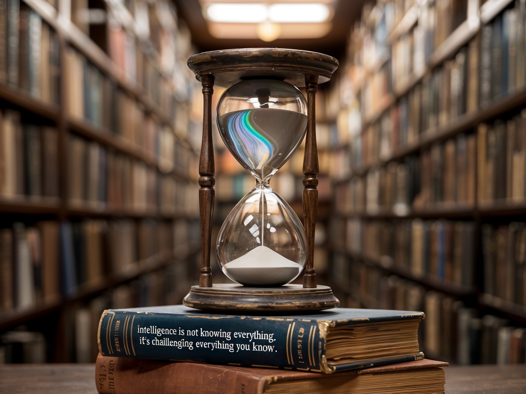 Antique hourglass on vintage books in grand library