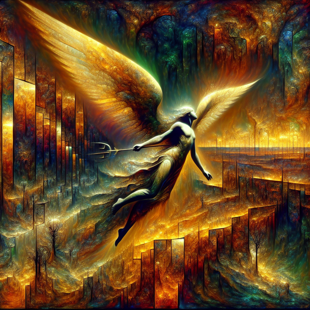 Ethereal Figure with Wings in Surreal Landscape