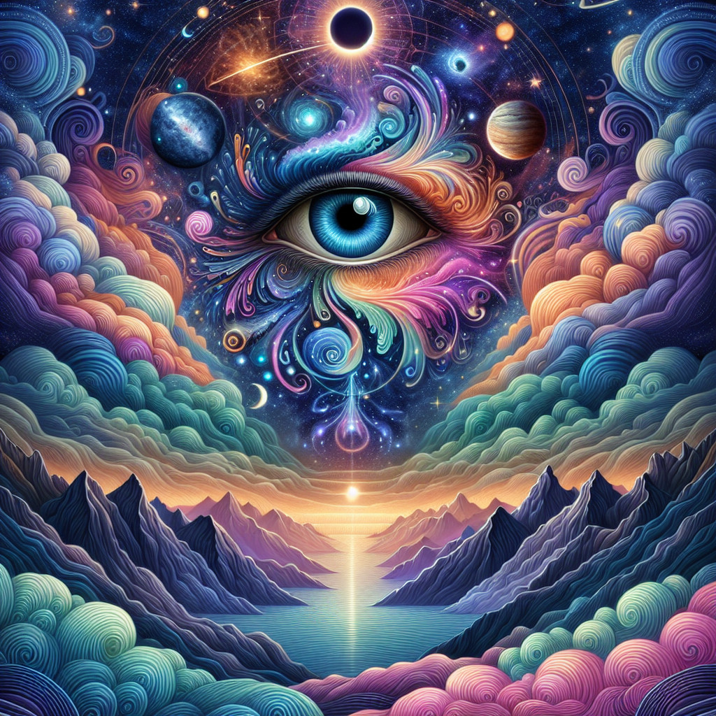 Surreal Landscape with Colorful Eye and Cosmic Elements