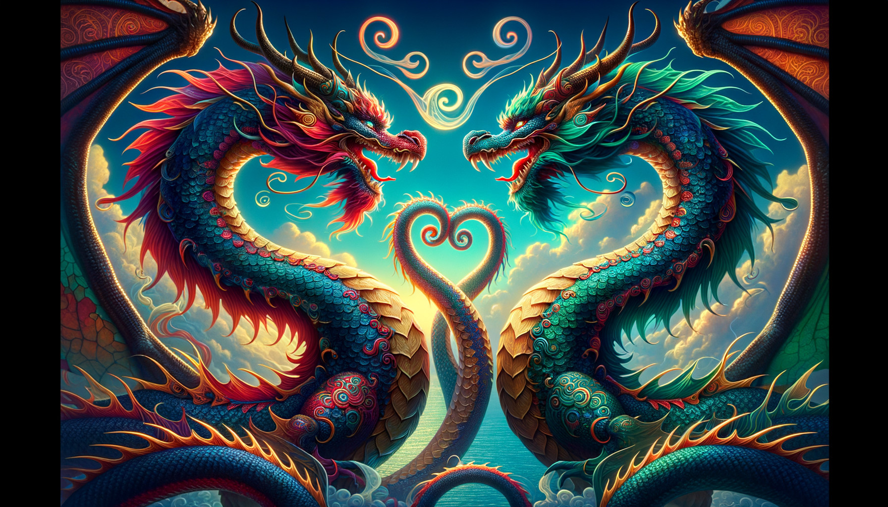 Dragons Forming Heart Shape in Colorful Sky Scene