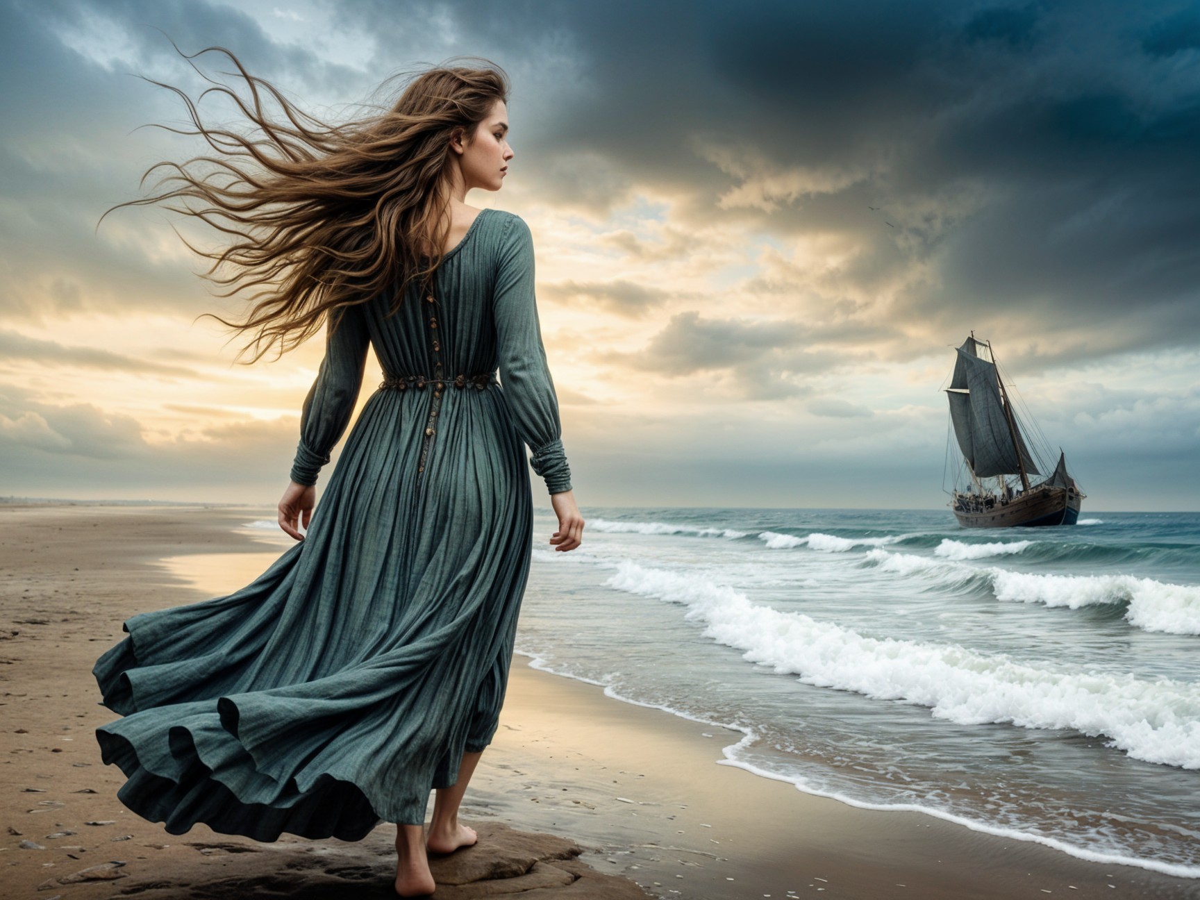 Young woman in green dress on sandy beach at sunset
