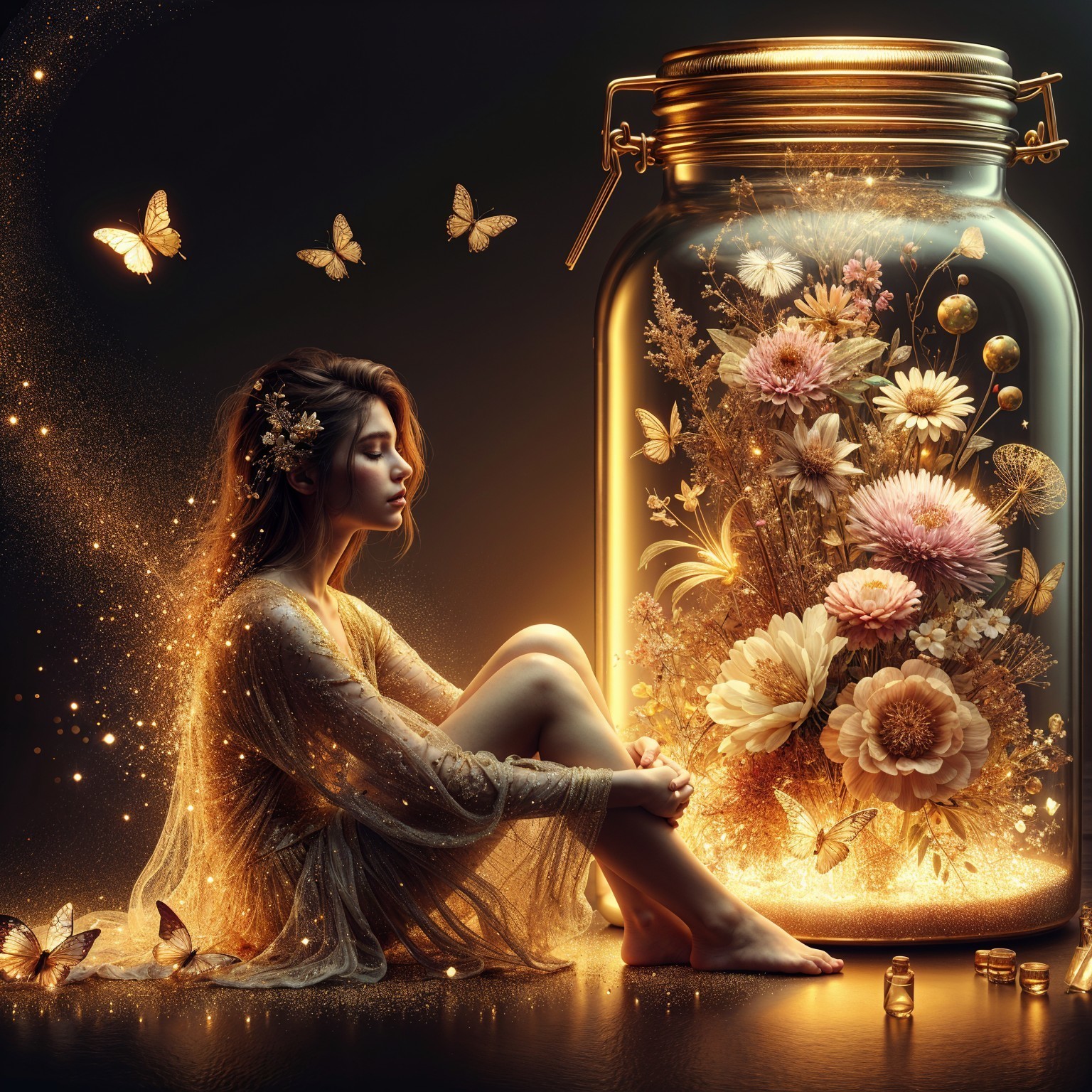 Young woman beside glass jar with flowers and butterflies