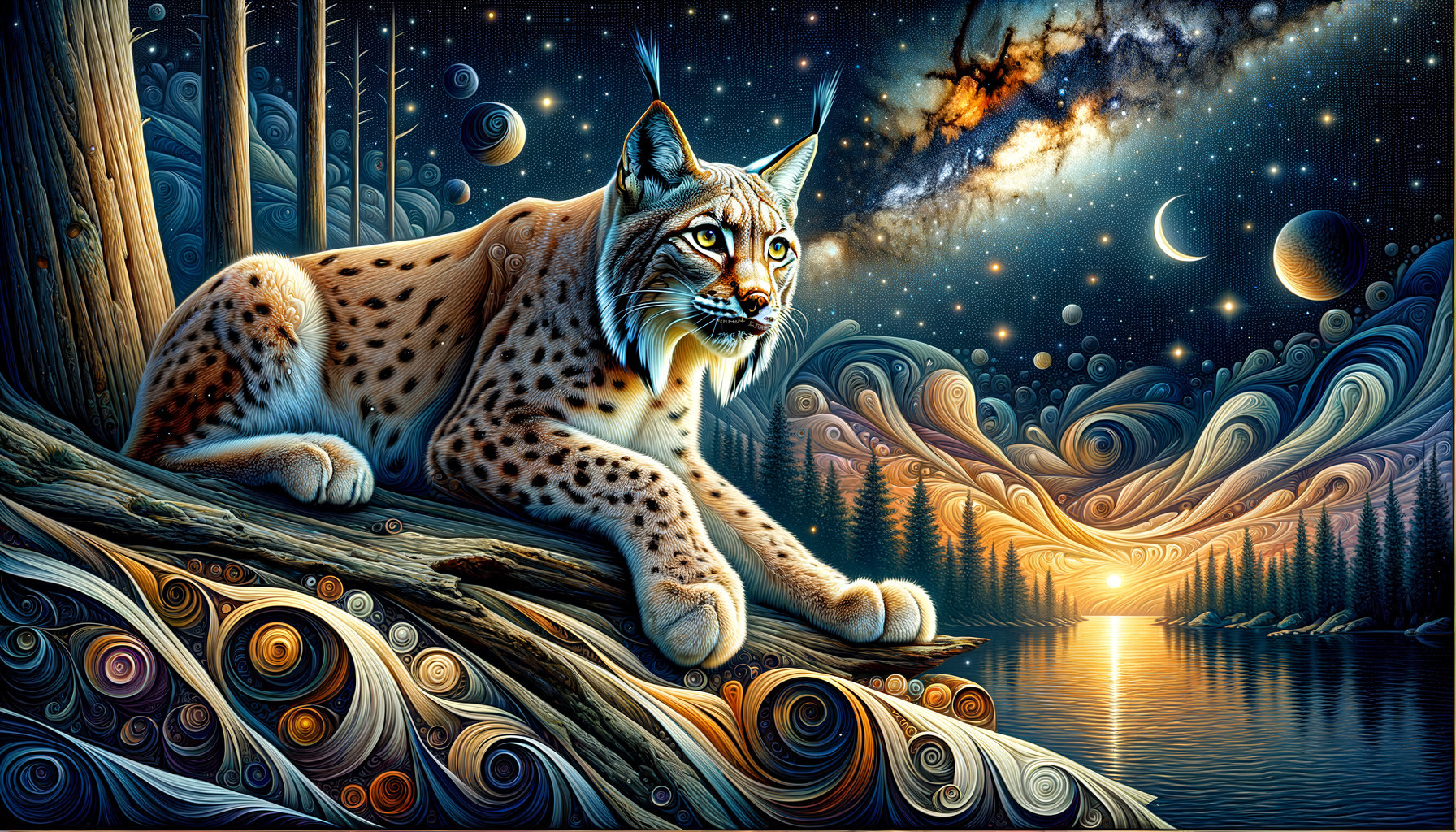 Lynx on Log Under Cosmic Night Sky and Sunset Reflection