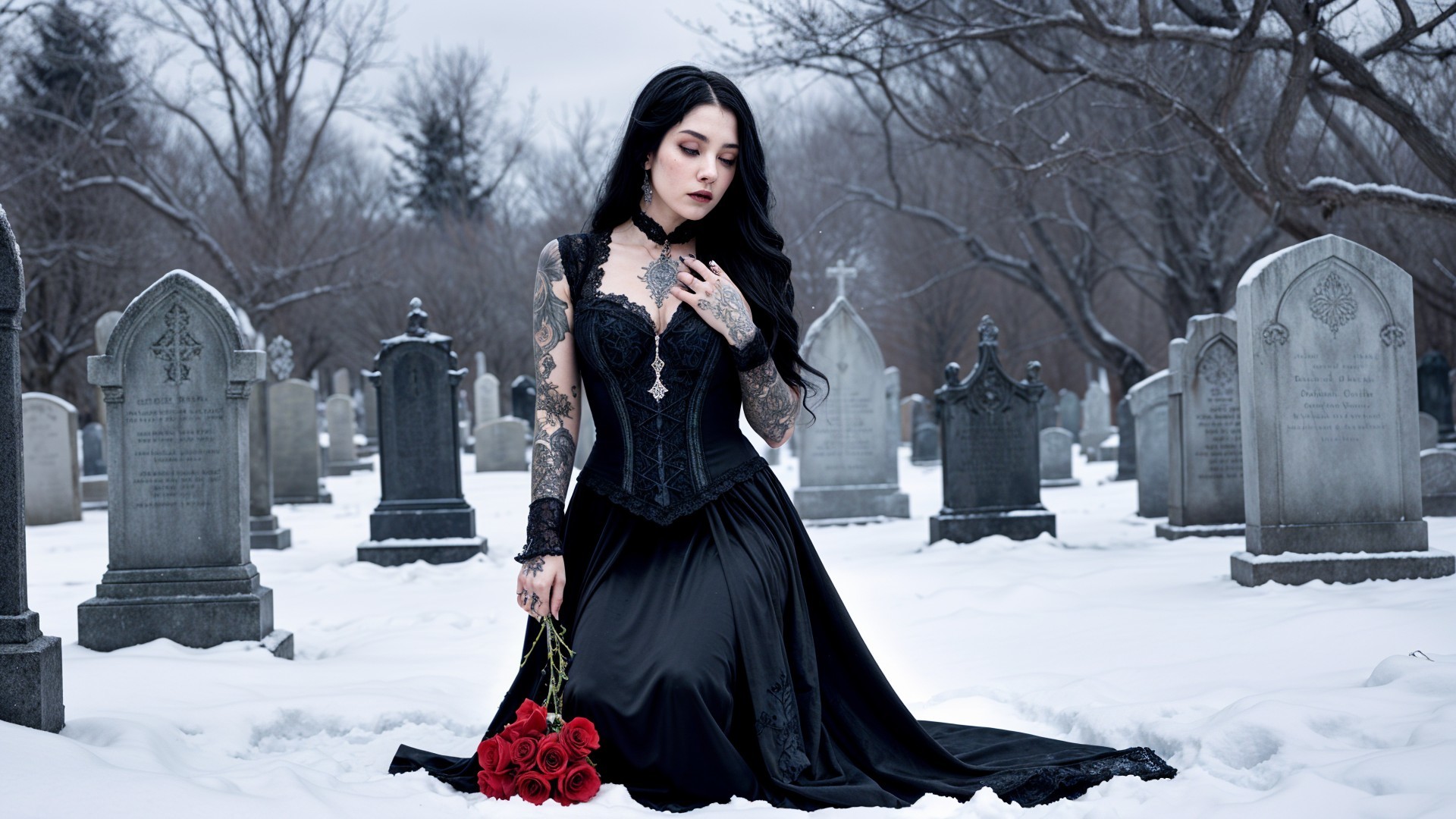 Gothic Woman in Black Gown in Snowy Graveyard