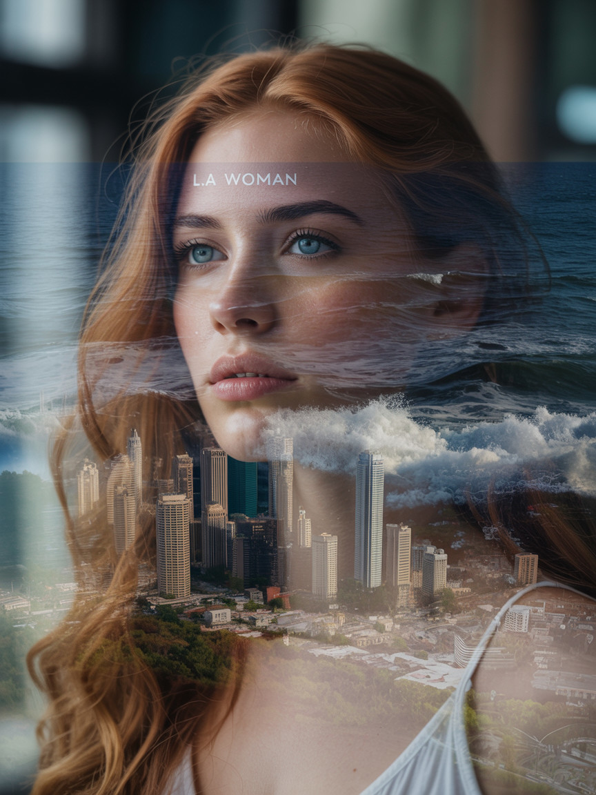 Portrait of a Young Woman with Red Hair and Cityscape