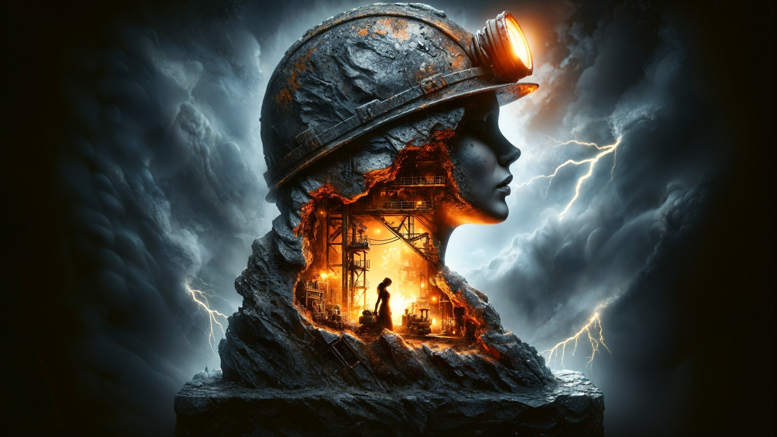 Silhouette of a miner's helmet with vibrant scene inside