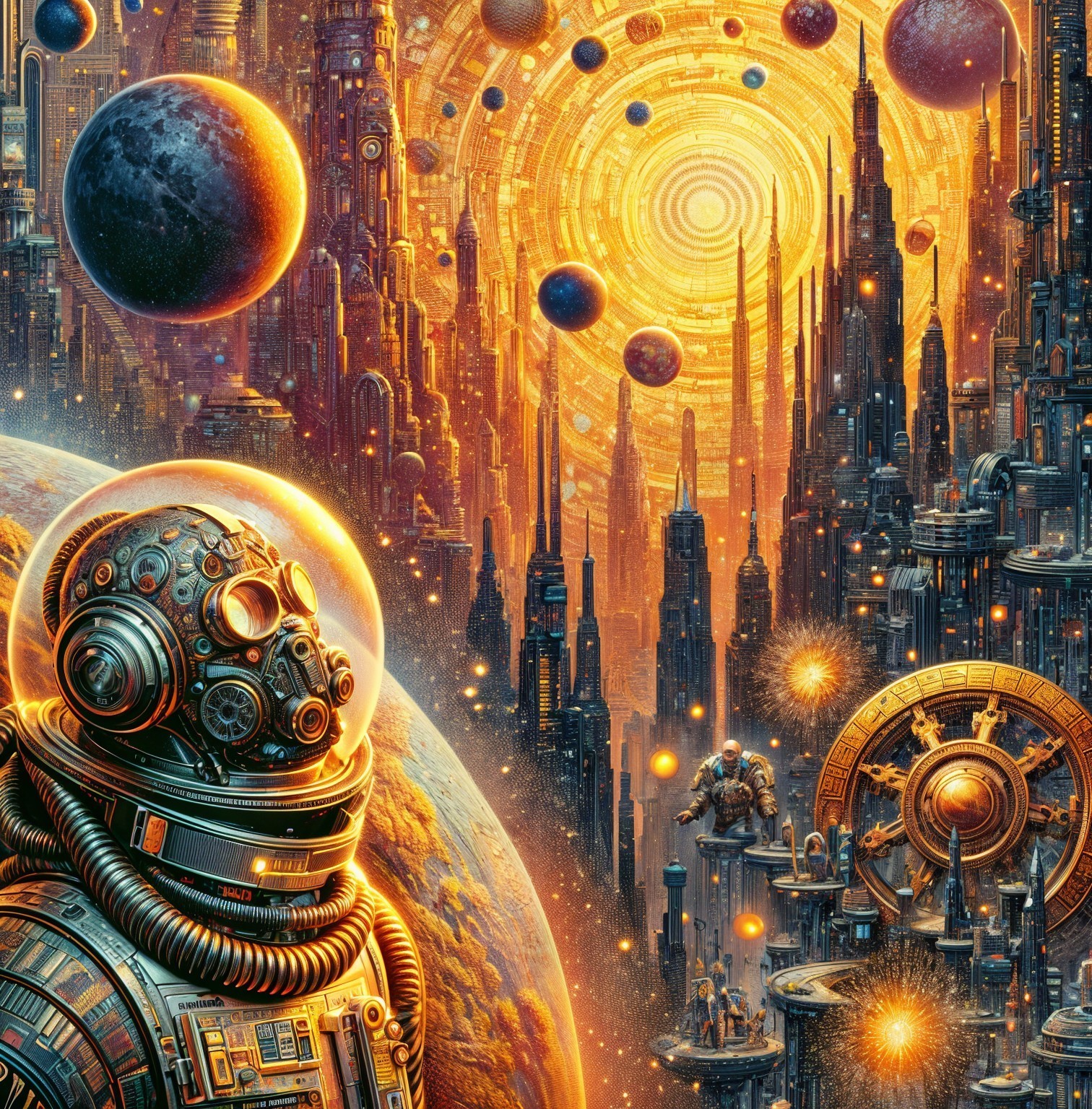 Futuristic cityscape with cosmic elements and astronaut