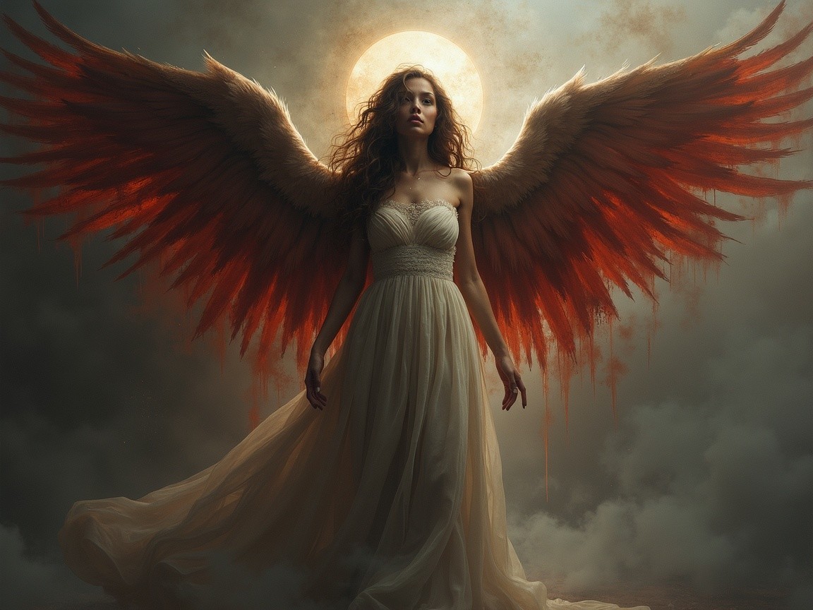 Ethereal Figure in White Gown with Fiery Red Wings