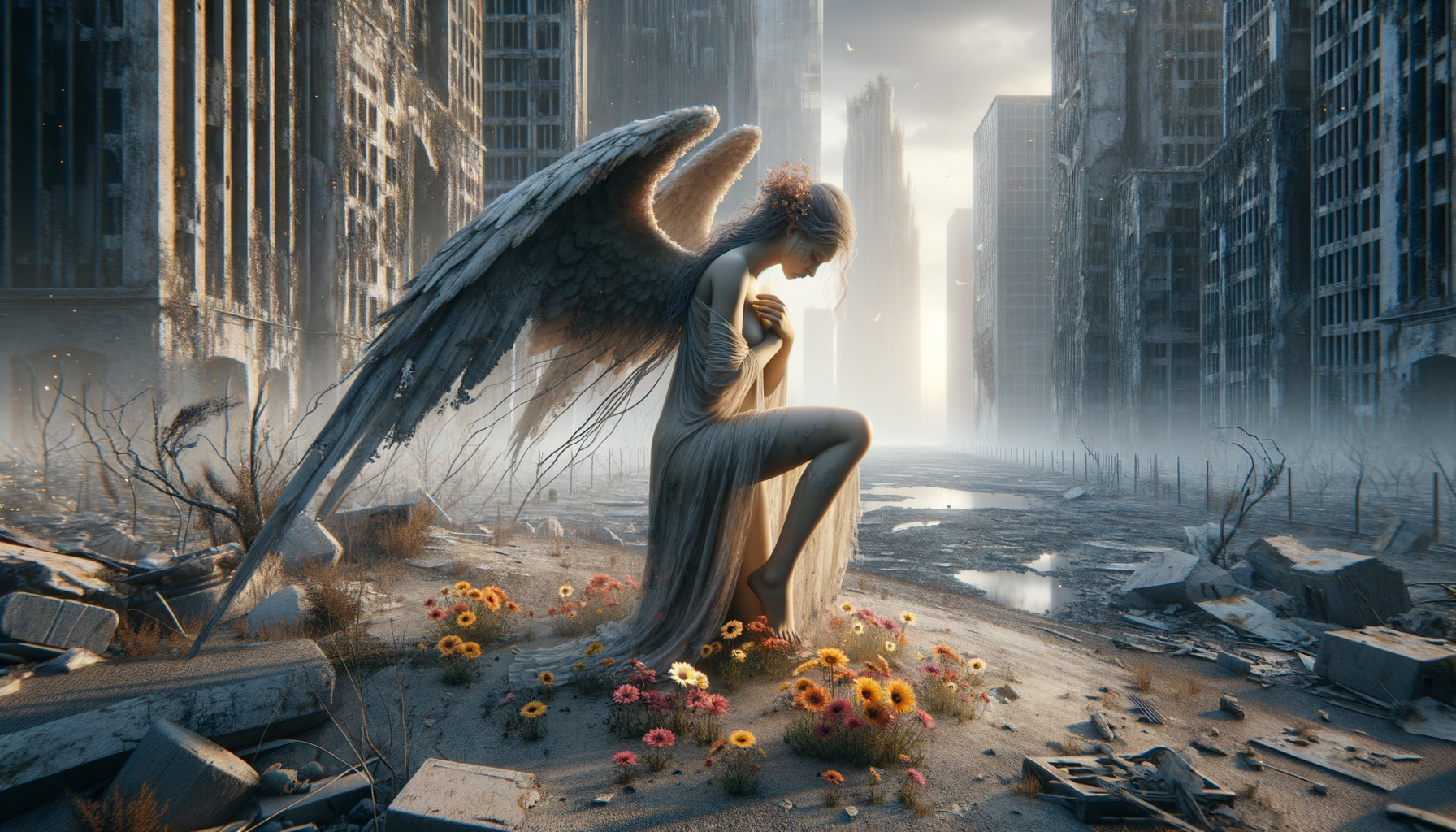 Sorrowful angel in a ruined city with vibrant flowers