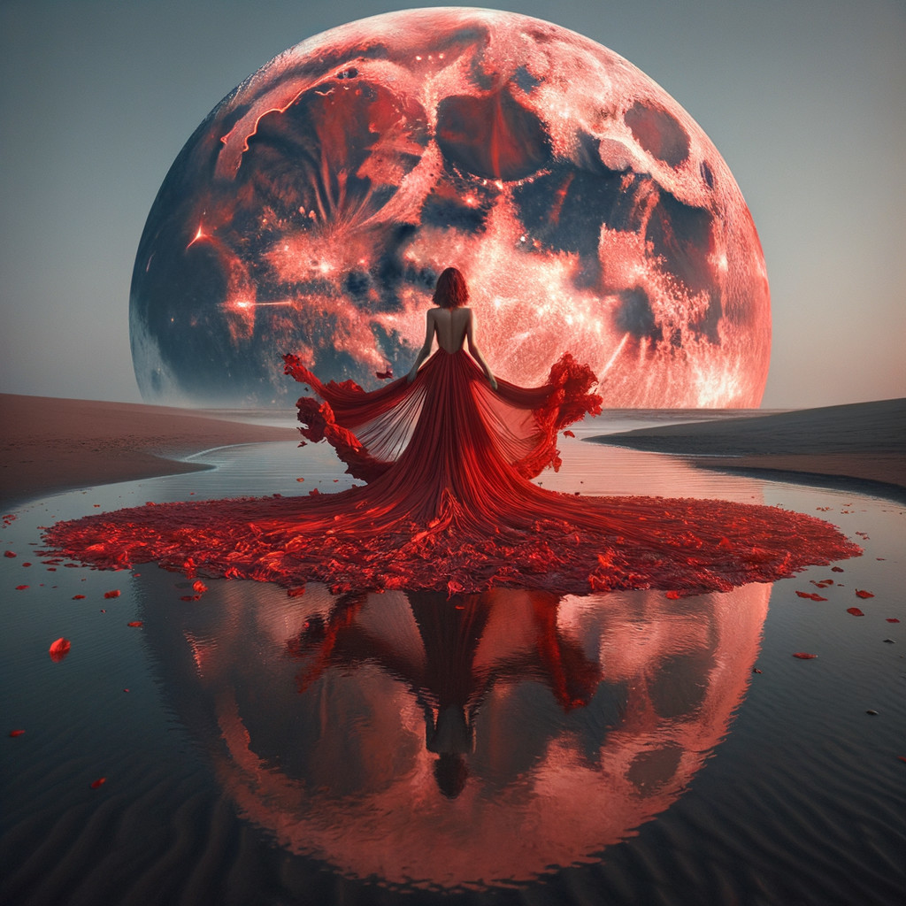 Graceful figure in red gown by a luminescent moon
