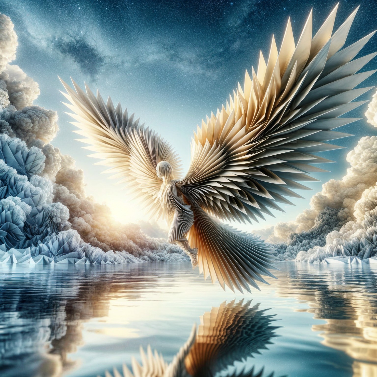 Majestic Paper Wings Above a Serene Reflective Lake