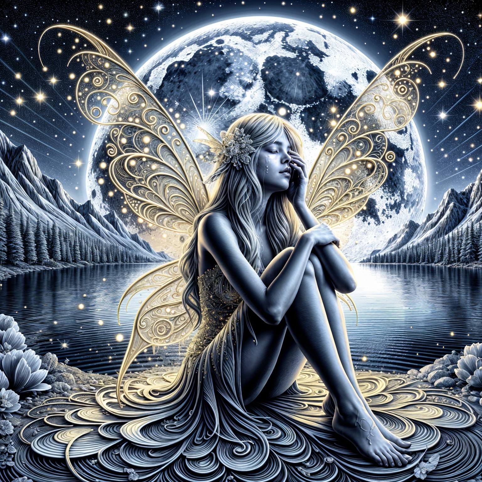 Serene Fairy by Shimmering Lake Under Full Moon