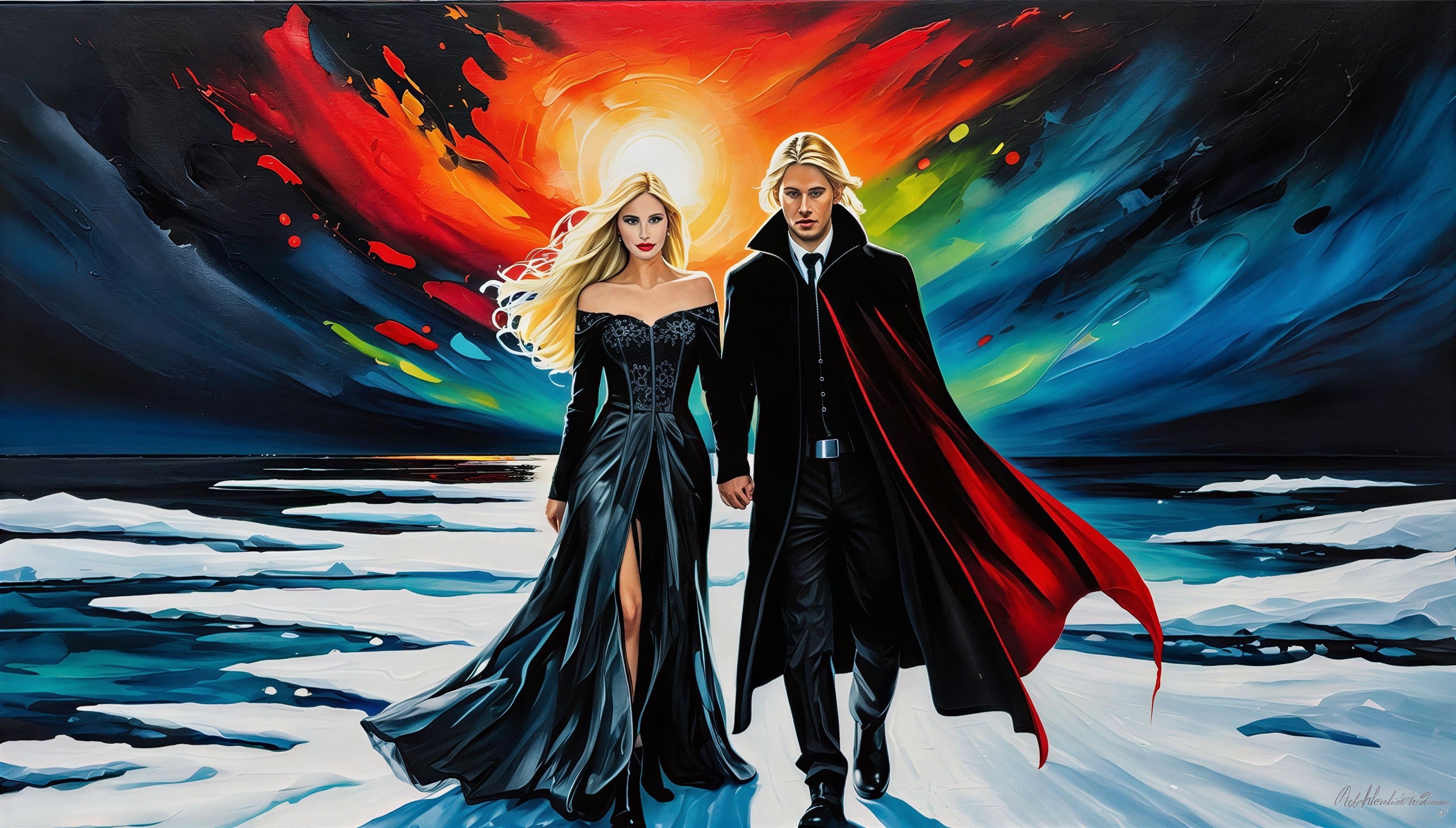 Young Couple on Frozen Shore in Painterly Style