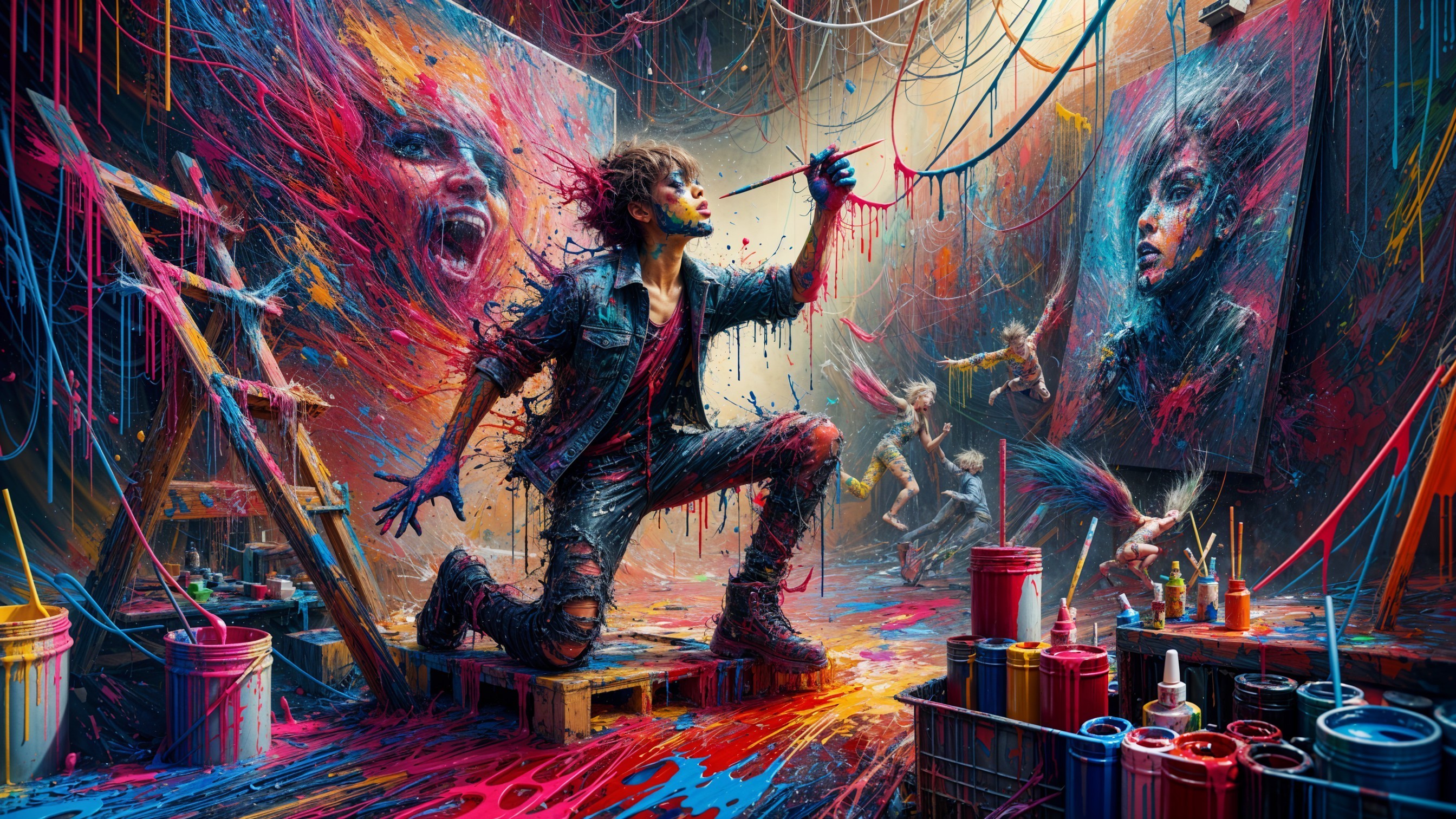Young artist creating colorful artwork in vibrant studio