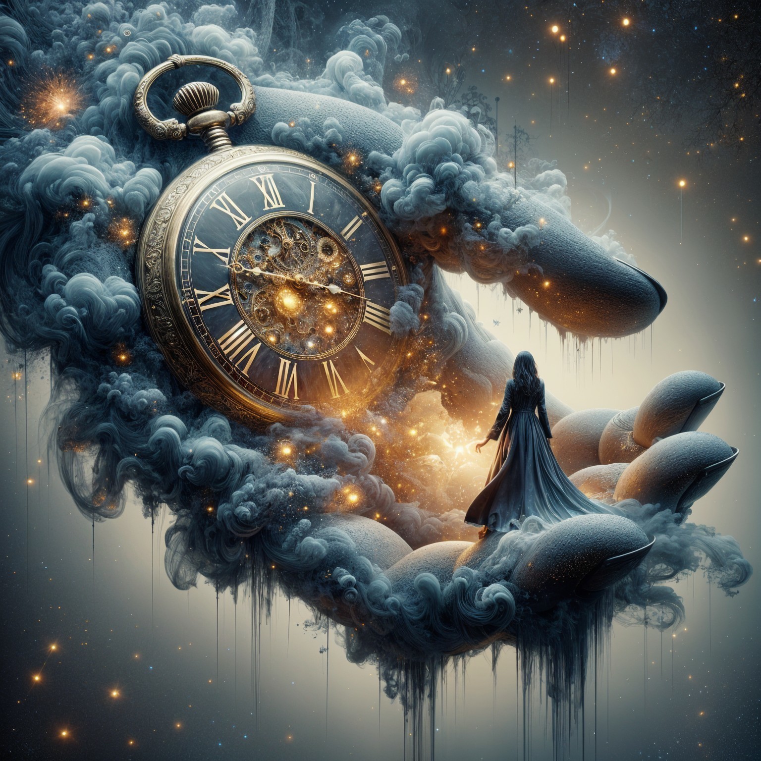 Giant Hand Holding Antique Watch Among Swirling Clouds