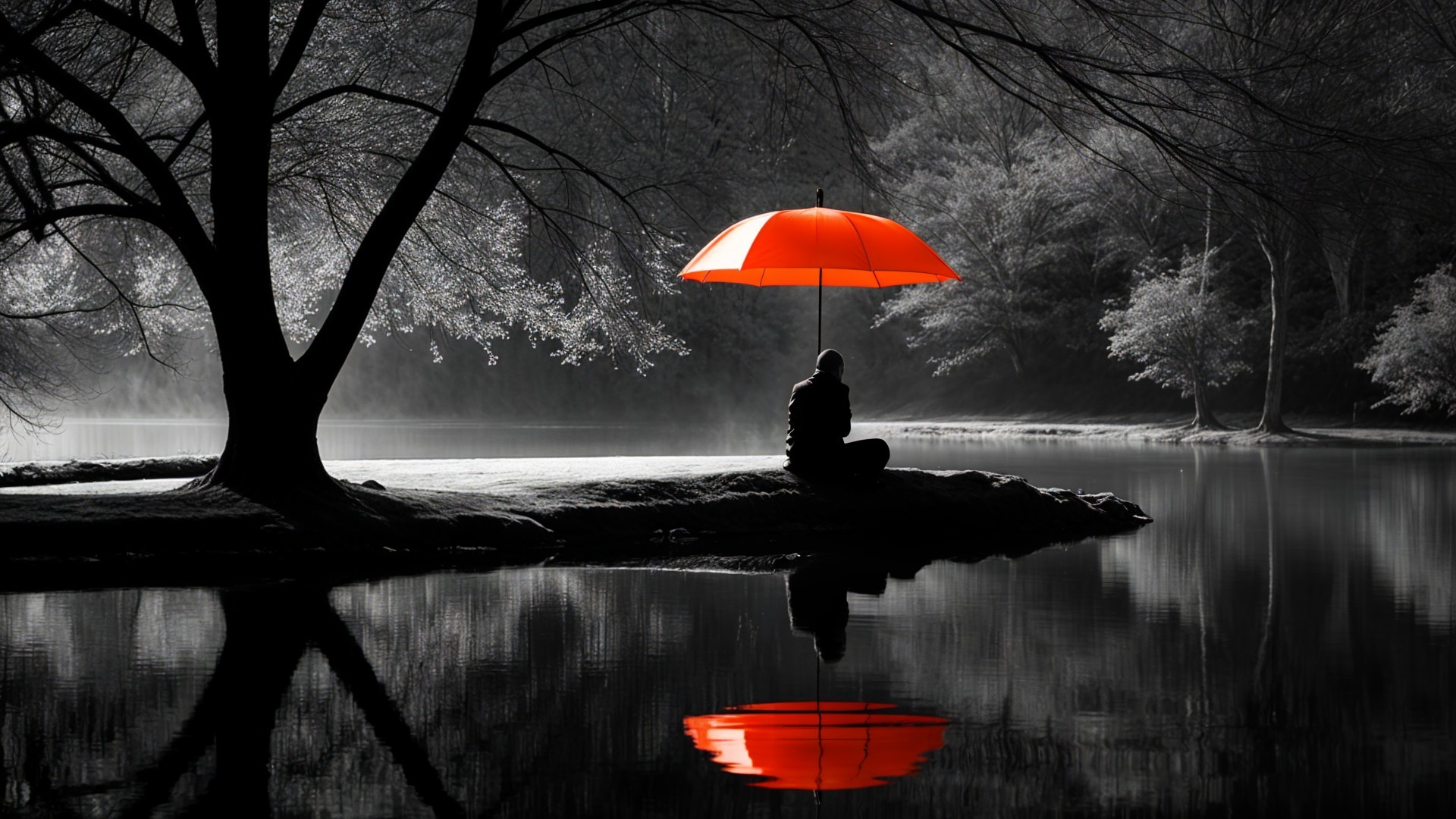 Serene lake scene with figure and red umbrella
