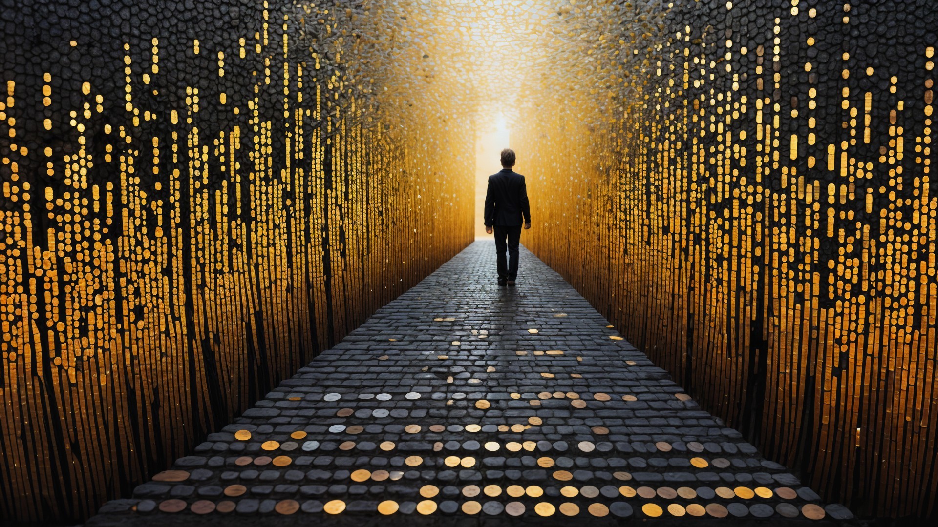 Solitary Figure on a Narrow Pathway with Lights