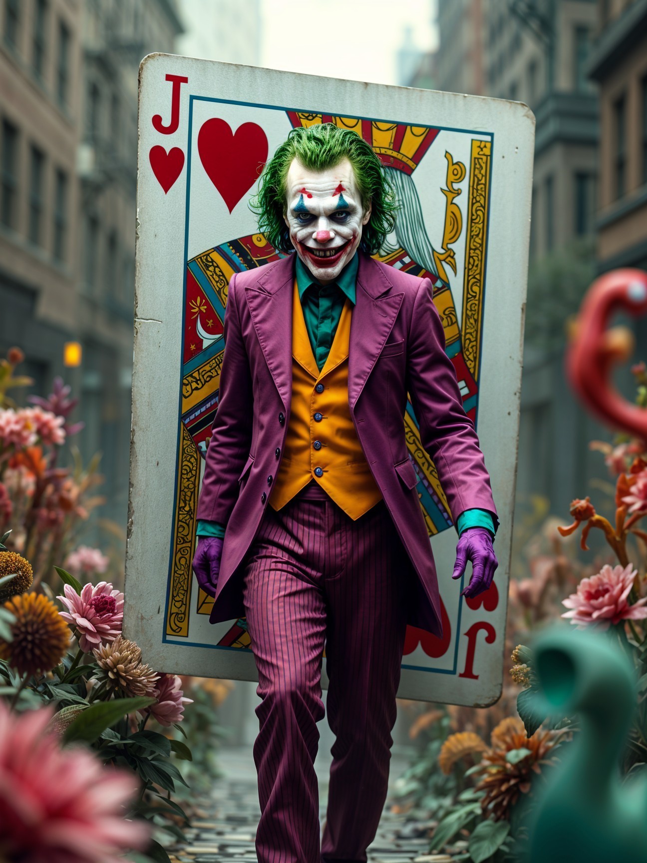 Clown-like Character in Colorful Surreal Street Scene