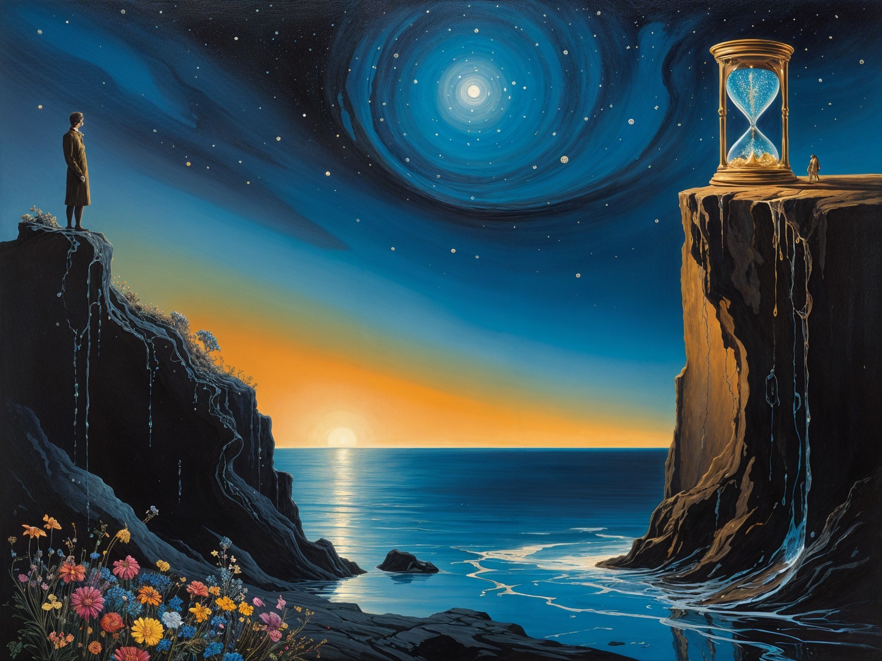 Surreal Landscape with Figure, Ocean, and Hourglass