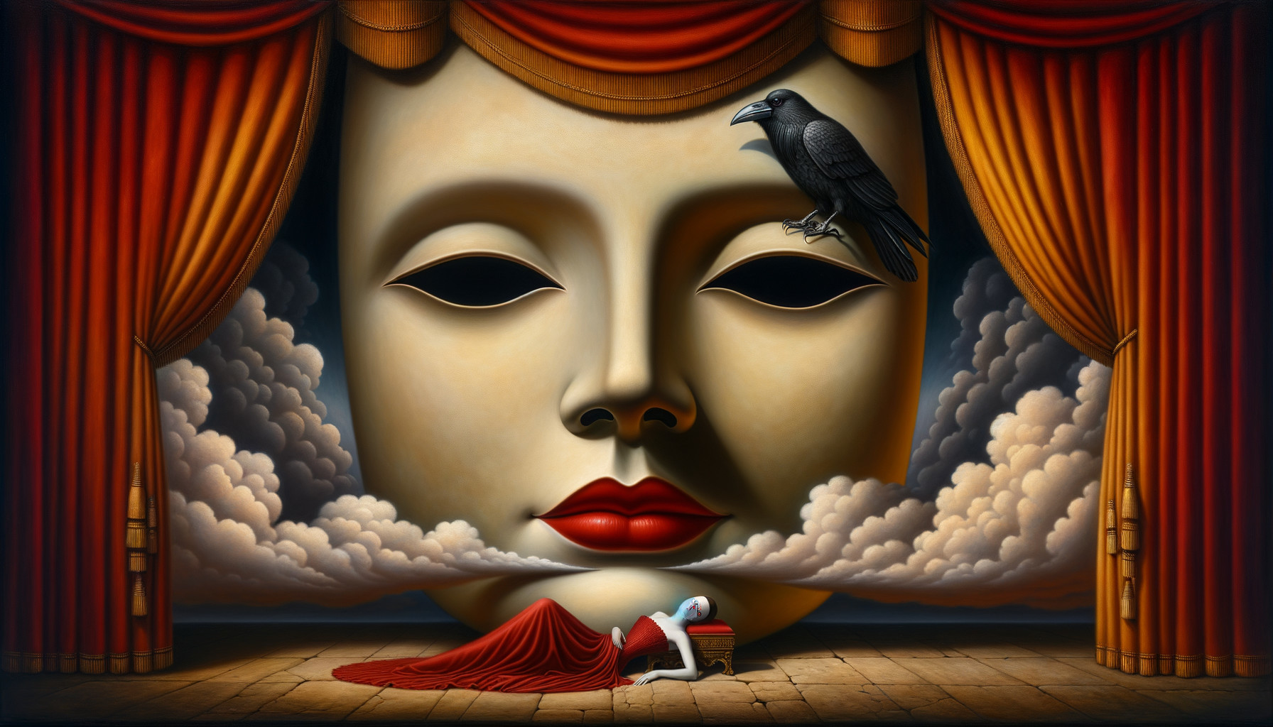 Serene Face with Crow and Dreamlike Elements