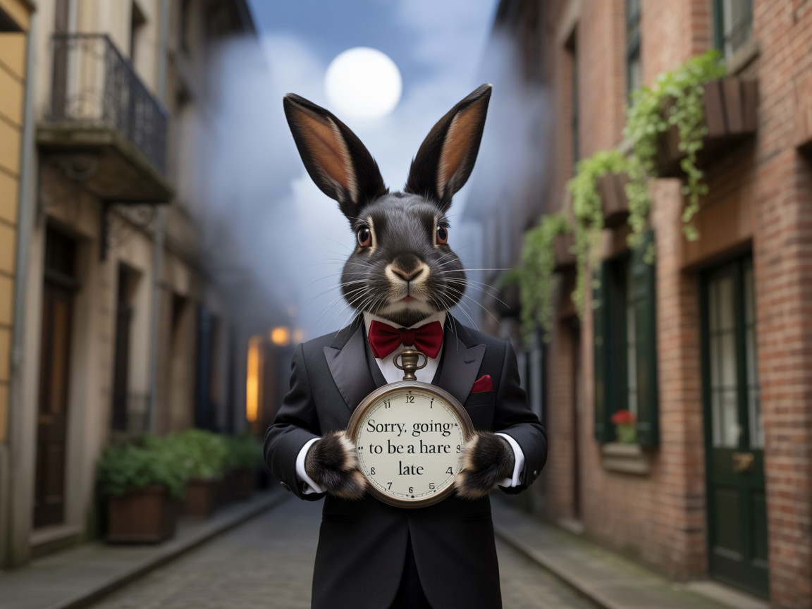 Dapper Rabbit in Tuxedo with Vintage Clock at Night