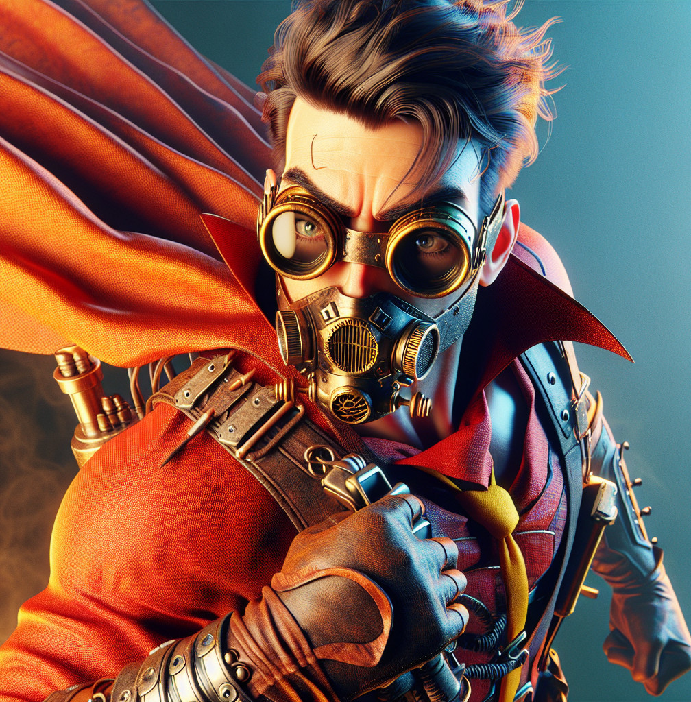 Heroic figure in red cape with steampunk elements