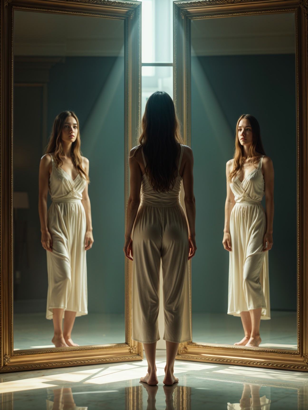 Woman in White Outfit Reflected in Ornate Mirrors