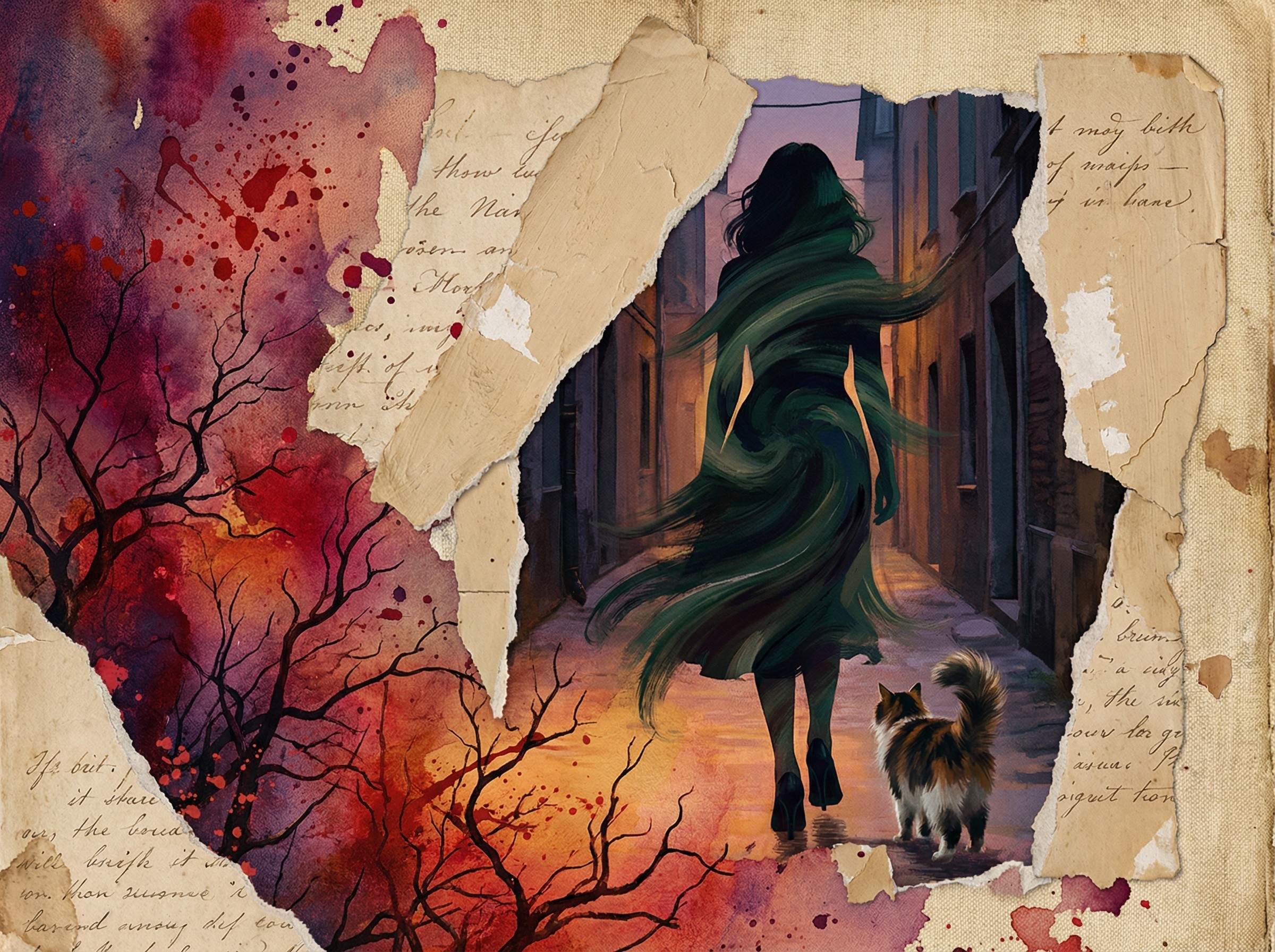 Collage of a Woman and Cat in an Alley Scene