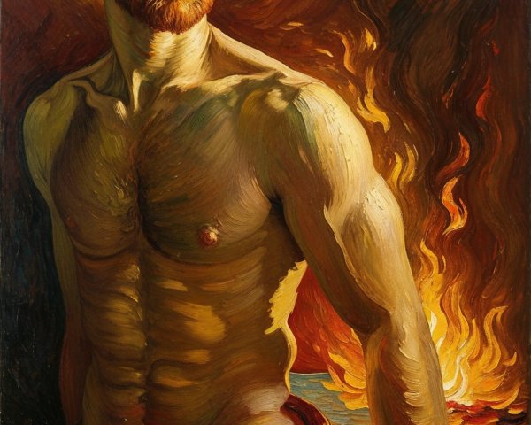 Muscular Man with Red Beard Against Fiery Background