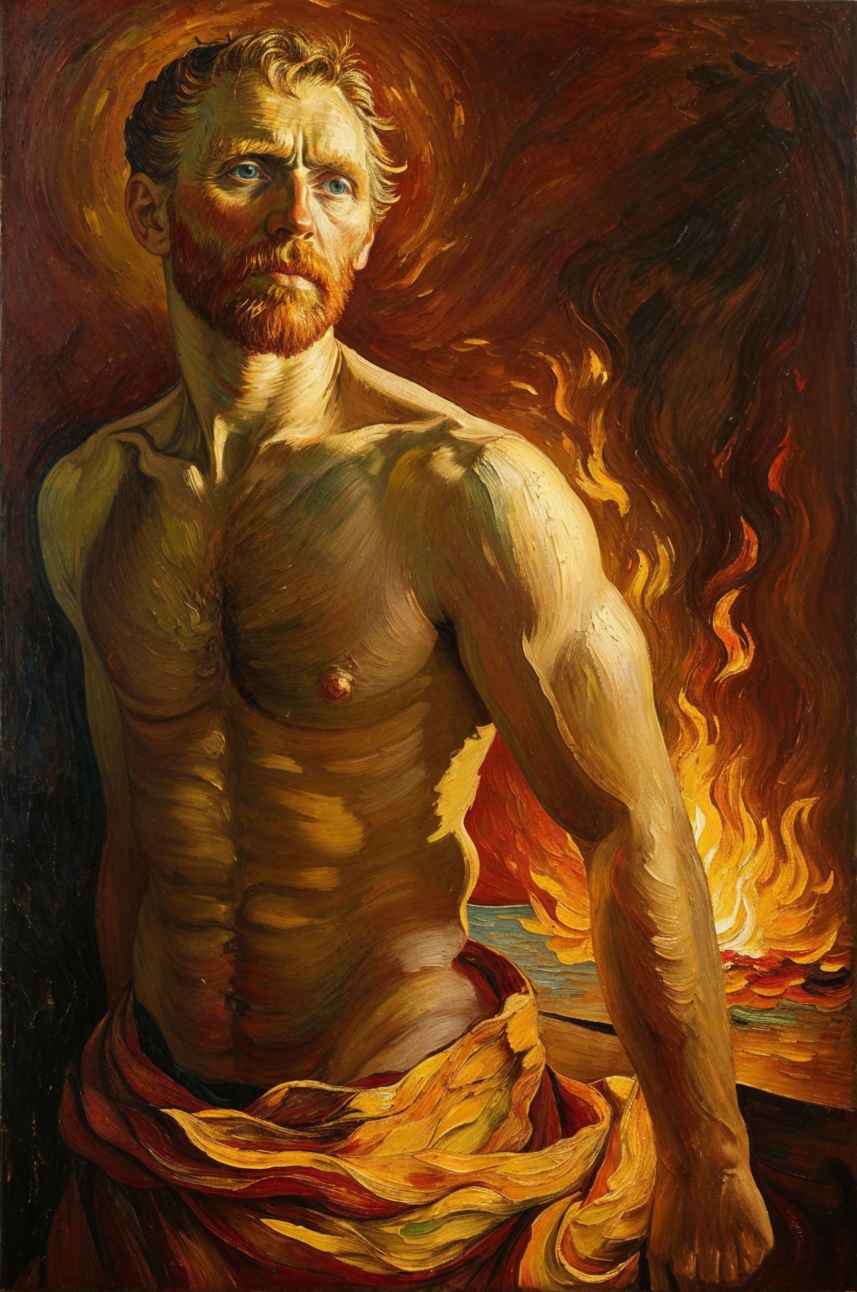 Muscular Man with Red Beard Against Fiery Background