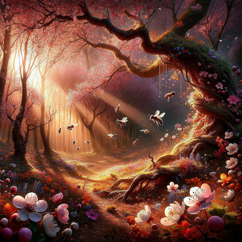 Enchanted forest with twisted tree and blooming flowers