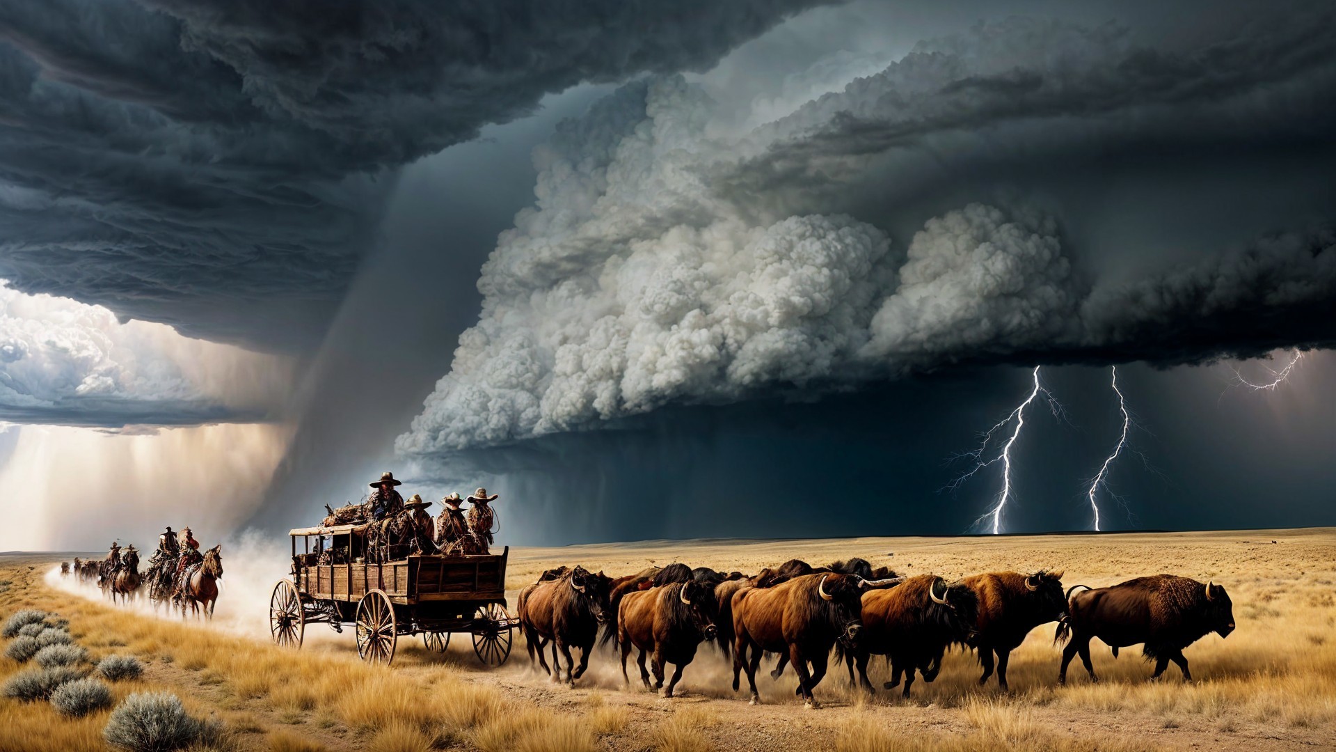 Thunderstorm Over Cowboys Herding Bison on Plains