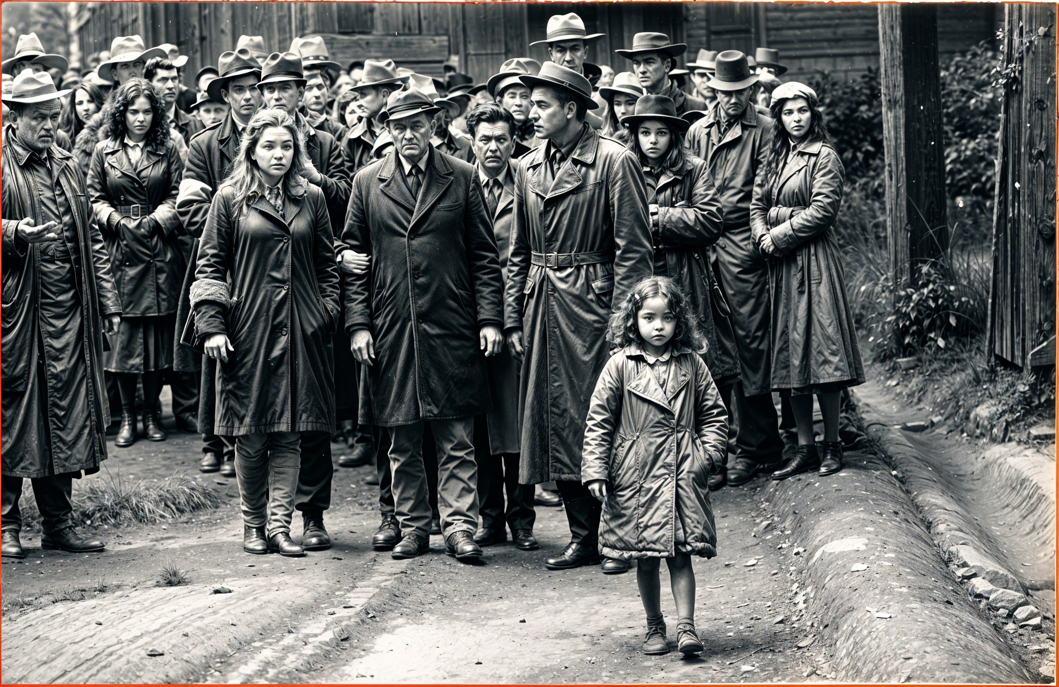 Group of People in Long Coats on a Dirt Road Scene