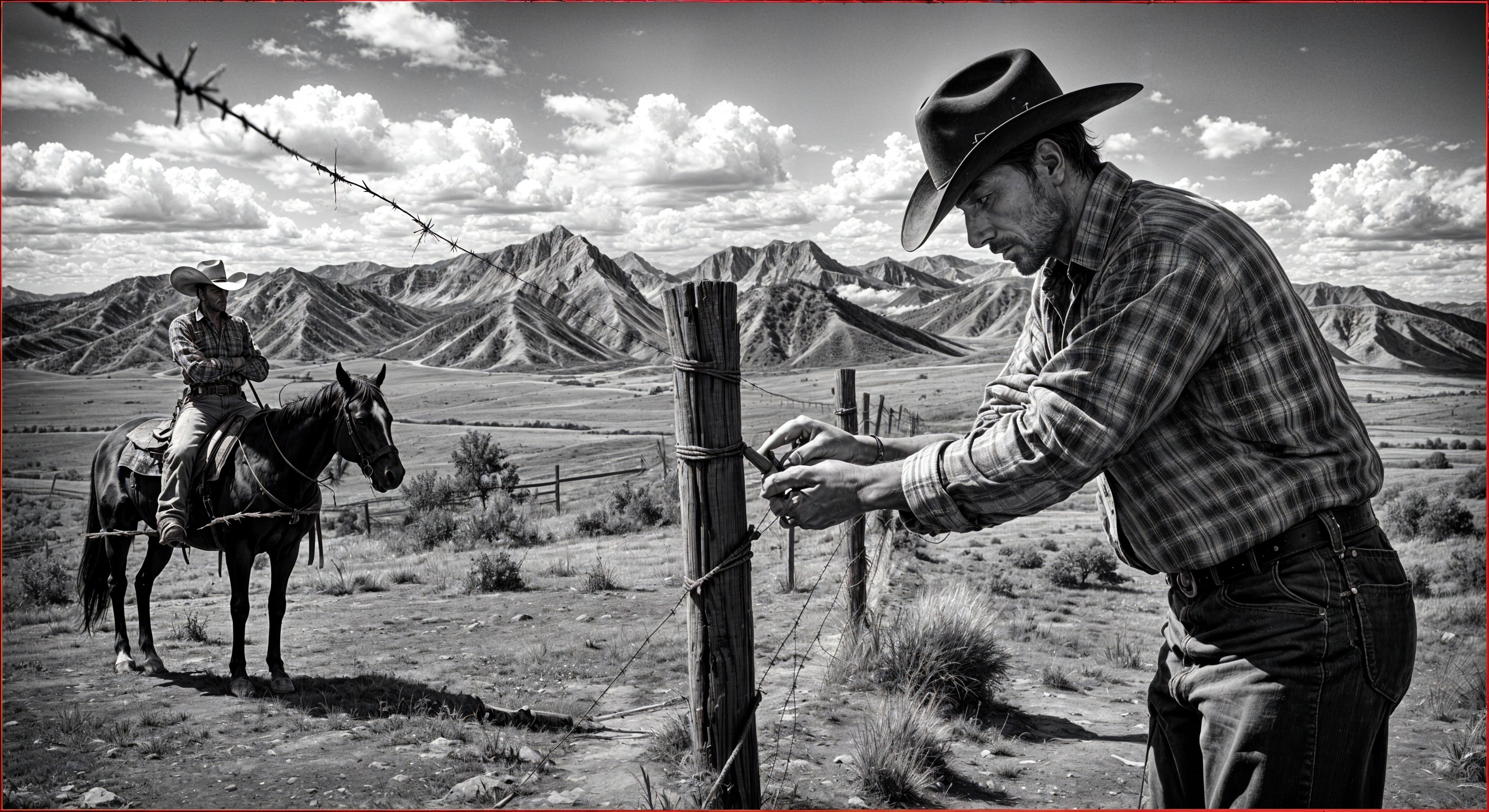 Cowboys in Rugged Landscape with Barbed-Wire Fence