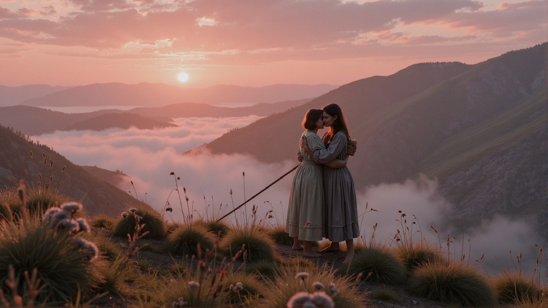 Women in Vintage Dresses Embracing at Sunset