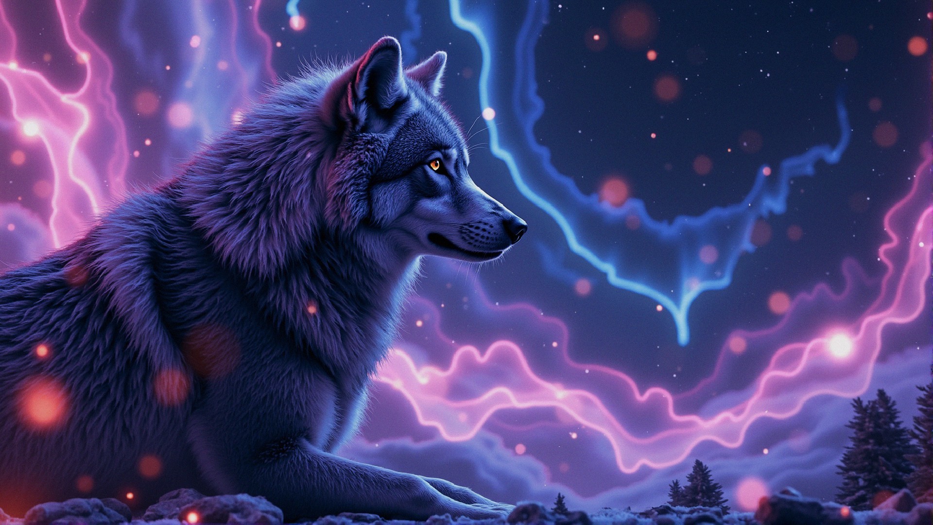 Majestic Wolf Against Cosmic Aurora Background