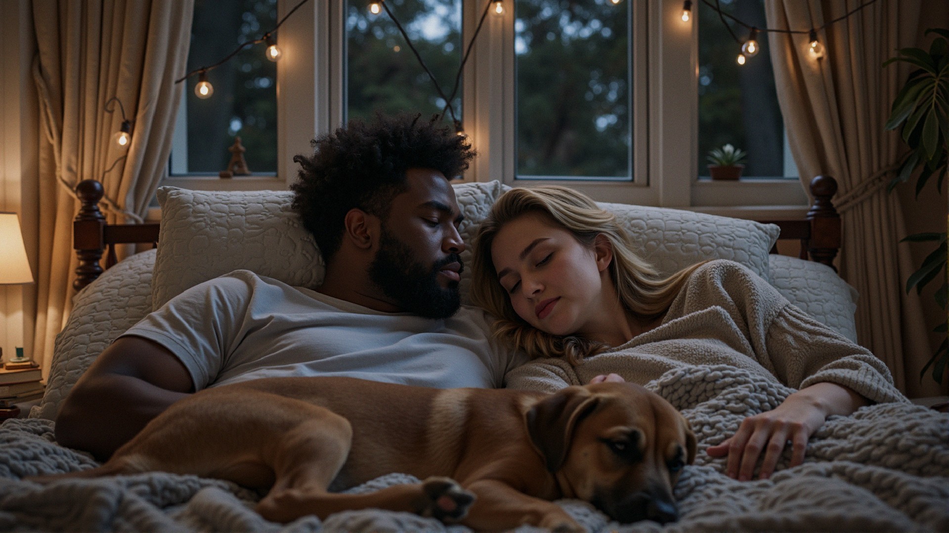 Cozy Bedroom Scene with Couple and Dog in Soft Light