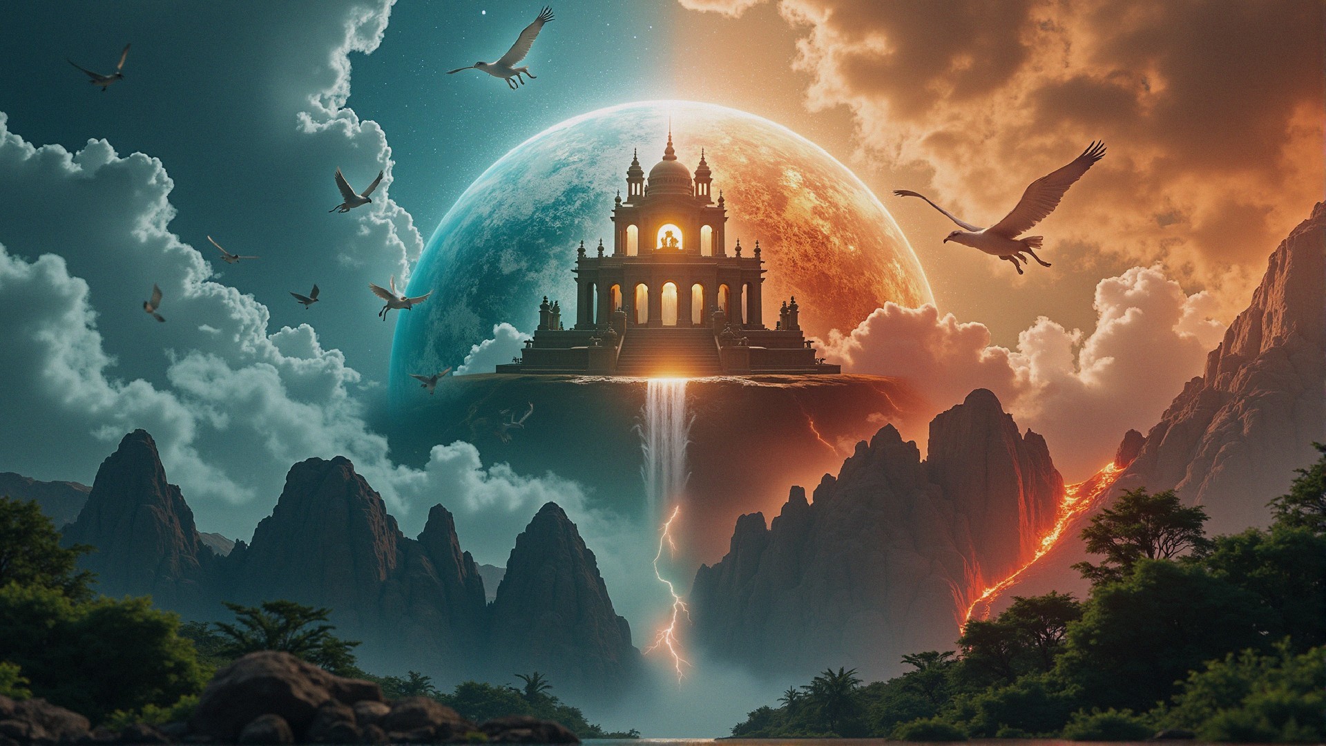 Majestic Castle Landscape Under Crescent Moonlight