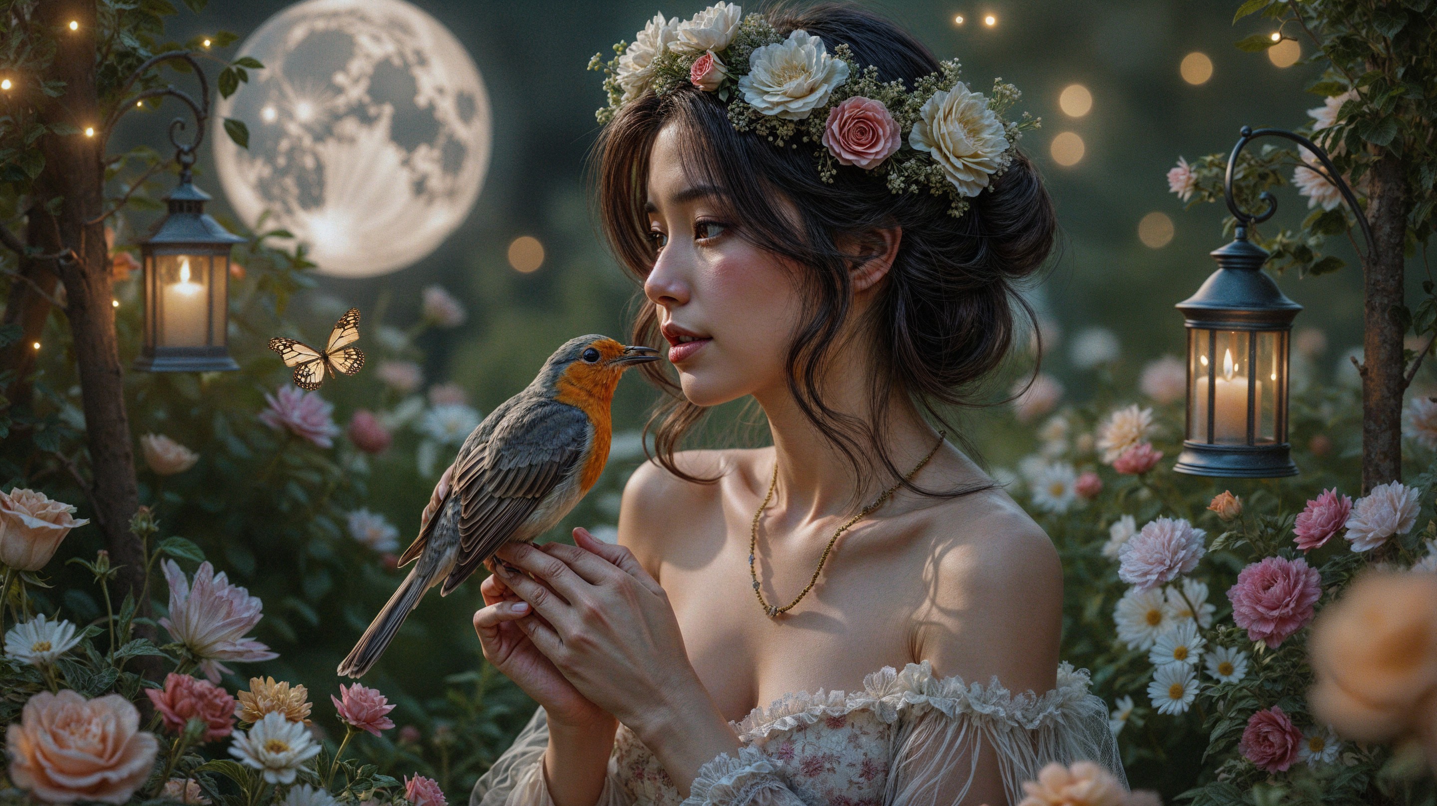 Young woman with floral crown and vibrant bird in bloom