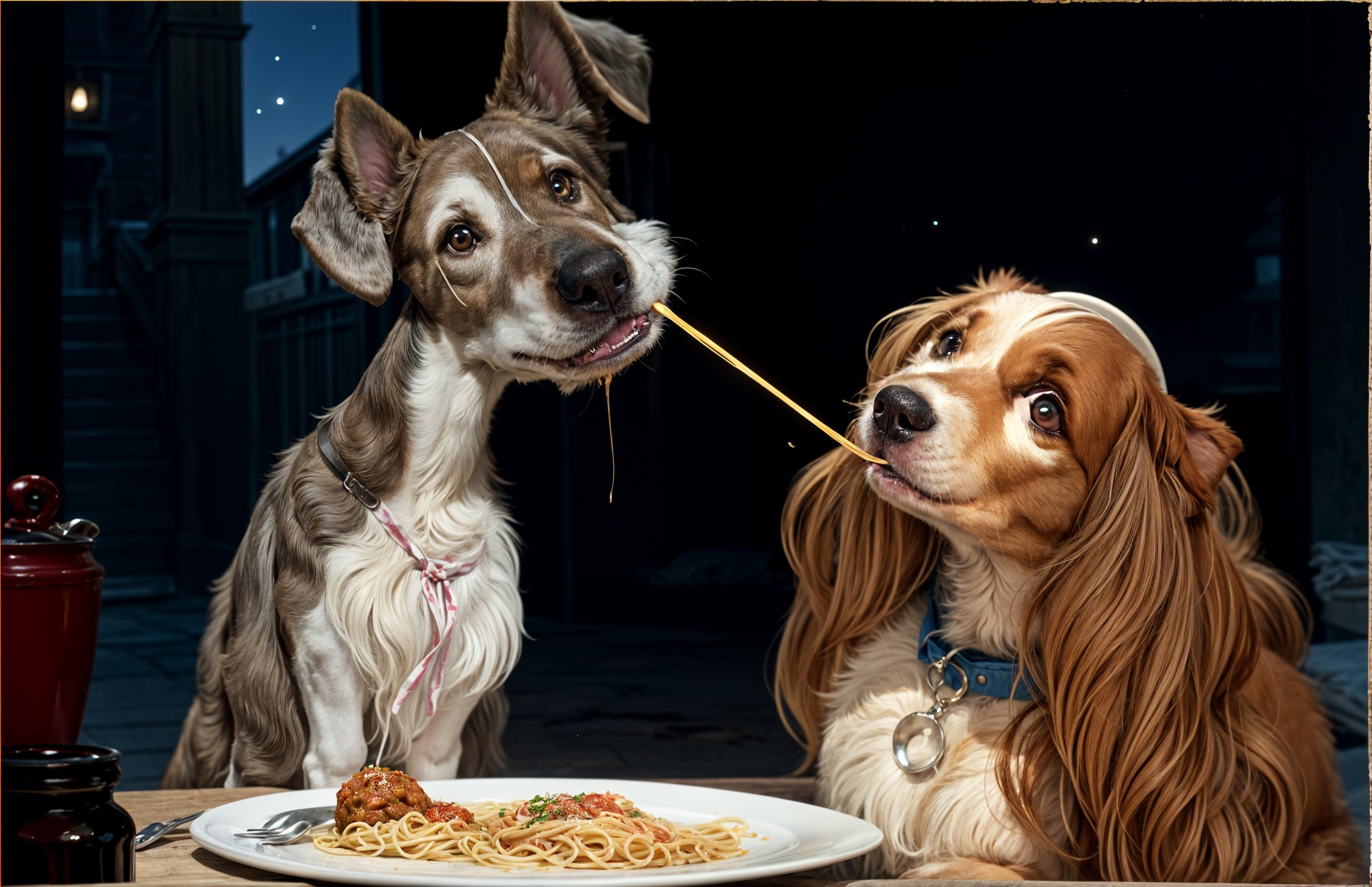 Dogs Sharing Spaghetti at a Cozy Dinner Table