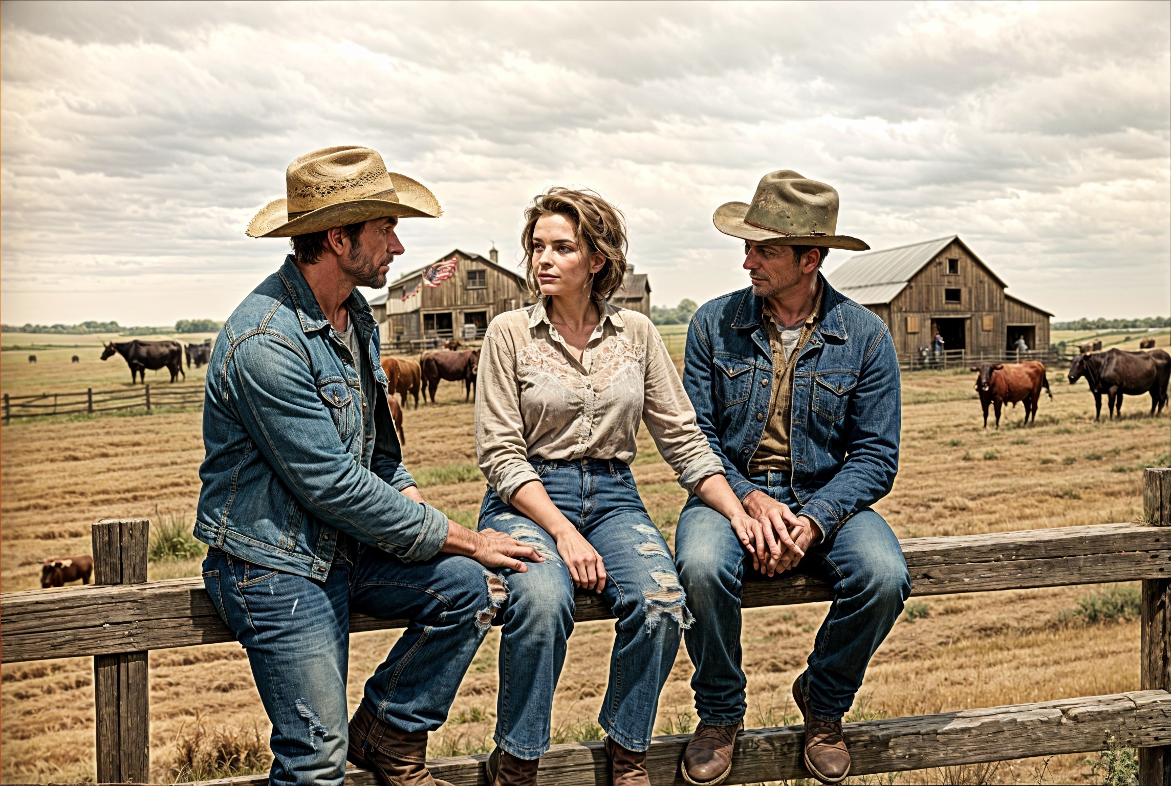 Cowboy Characters on a Wooden Fence in Rural Setting