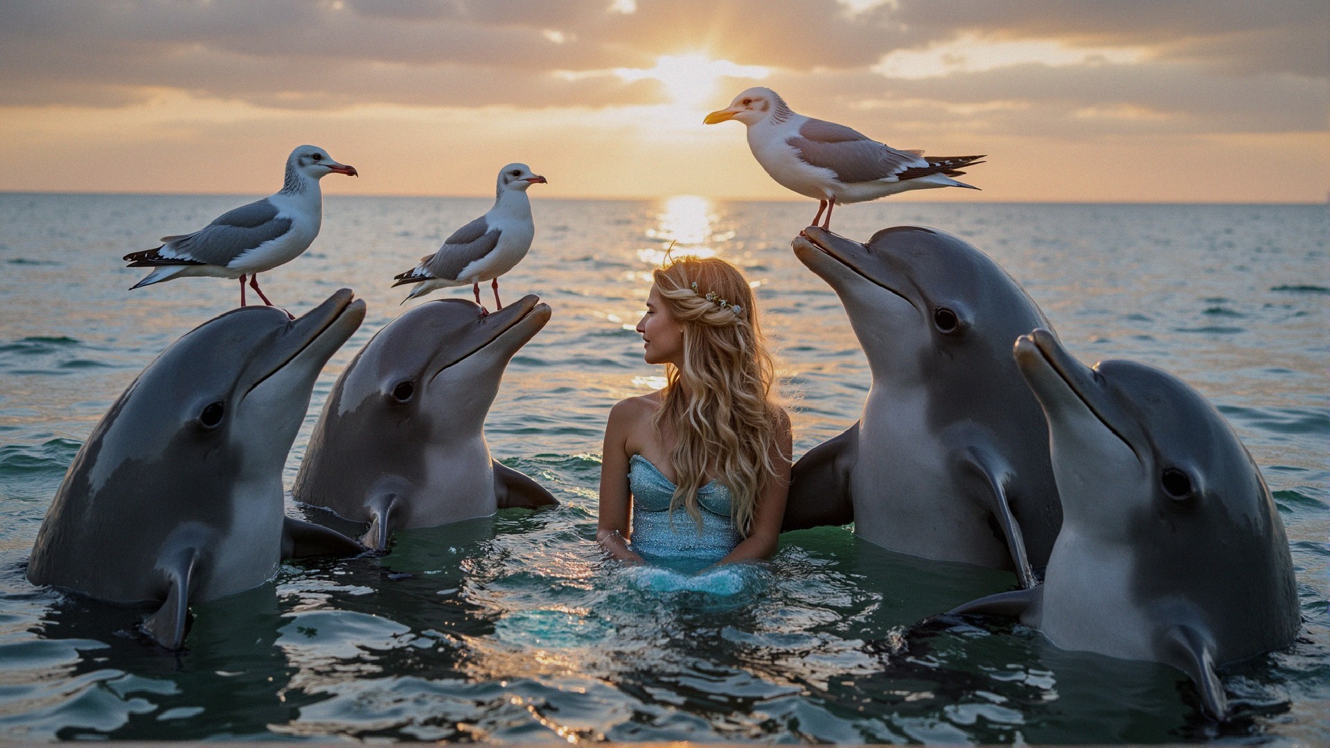 Young Woman in Blue Dress with Dolphins at Sunset