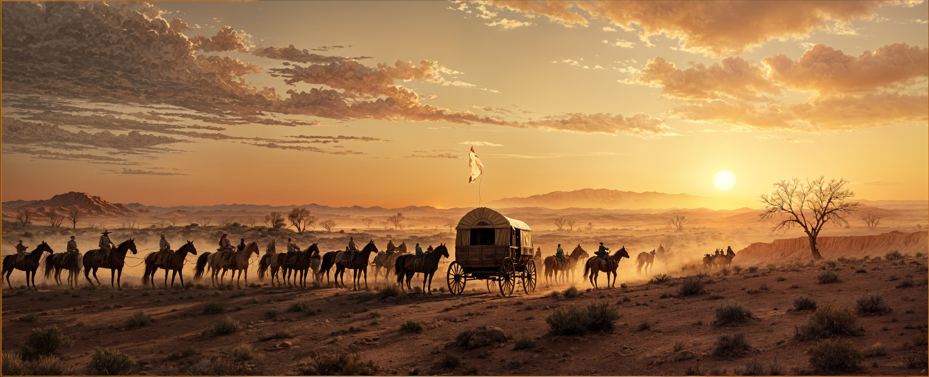 Panoramic Sunset View of Western Landscape with Horsemen