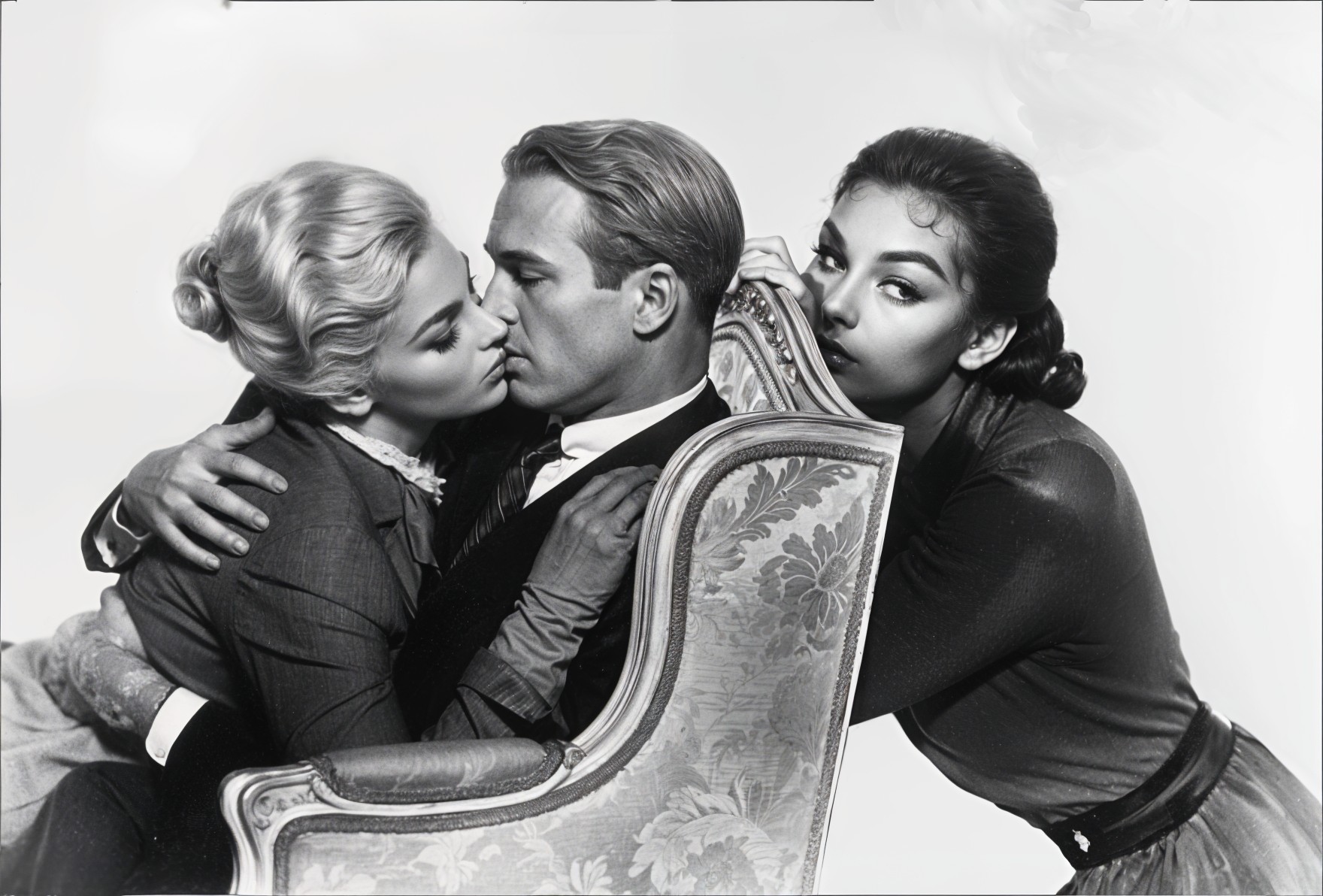 Dramatic Black-and-White Scene with Glamorous Figures