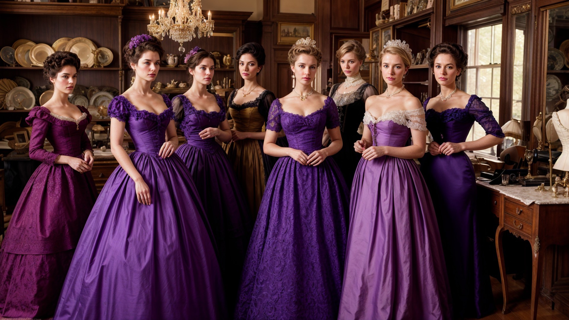 Elegant Vintage Gathering of Women in Purple Dresses