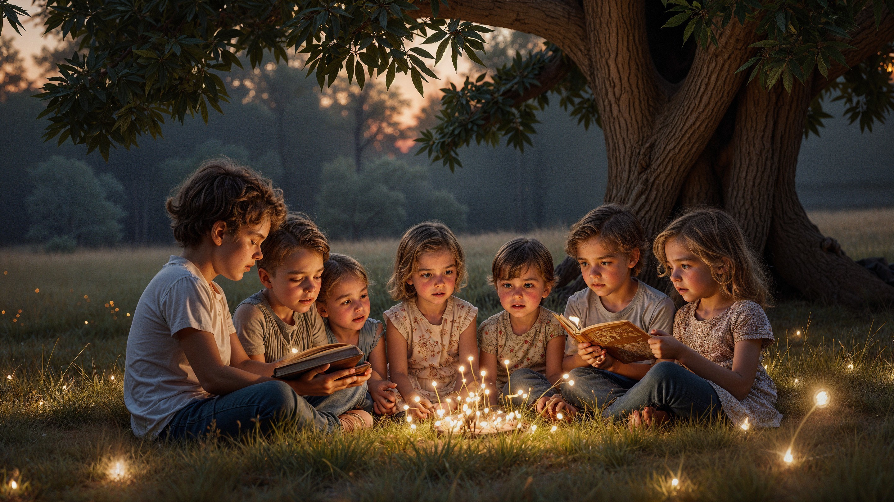 Children Reading Beneath a Tree at Dusk